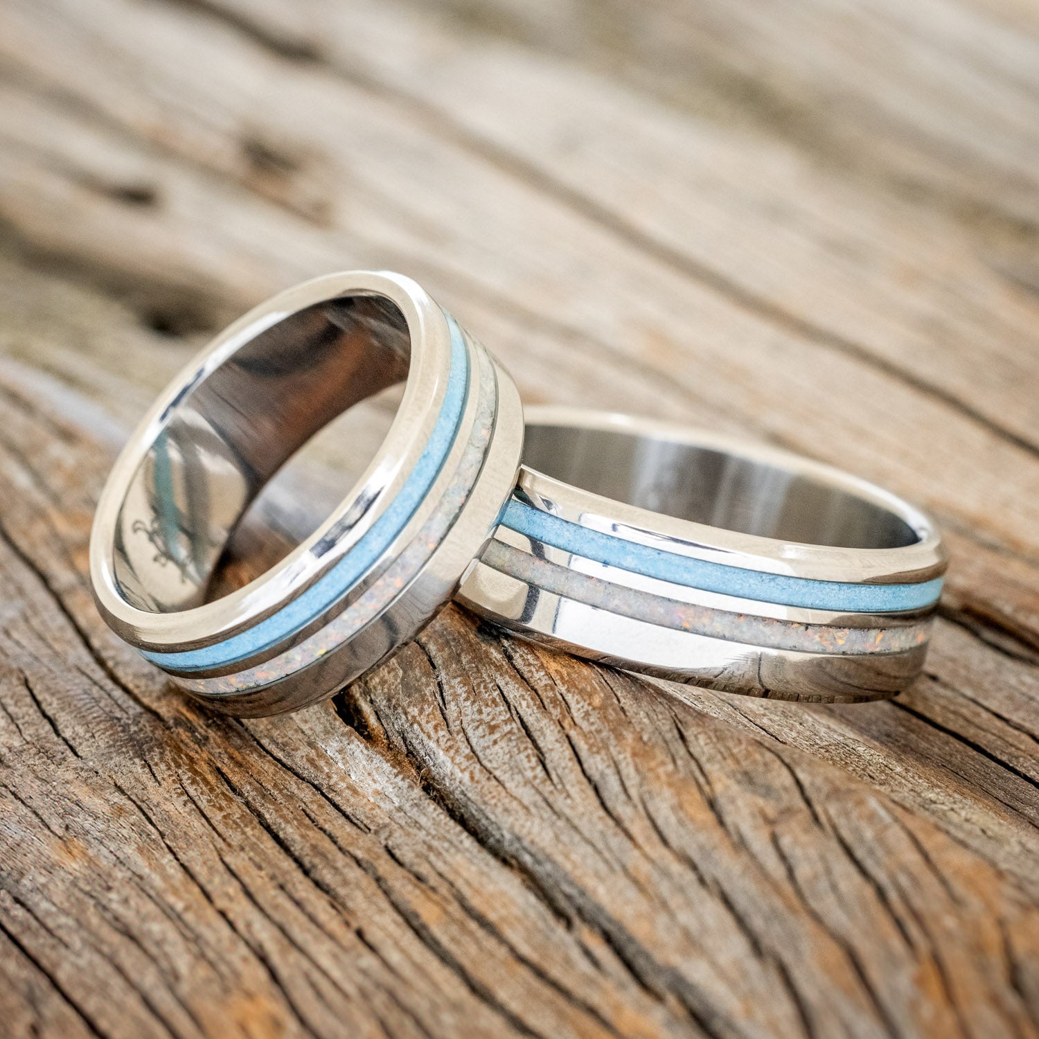 "COSMO" - MATCHING SET OF TURQUOISE & FIRE AND ICE OPAL WEDDING RINGS-1