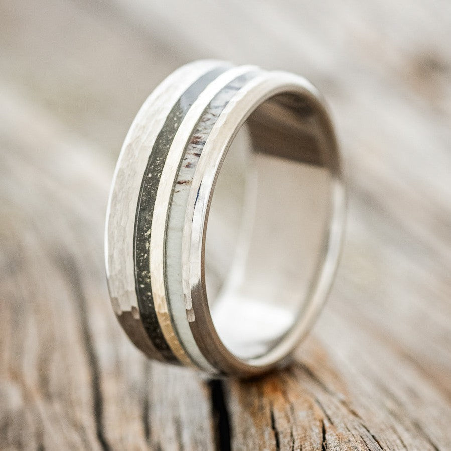 "COSMO" - PYRITE & ANTLER WEDDING RING WITH HAMMERED FINISH-1