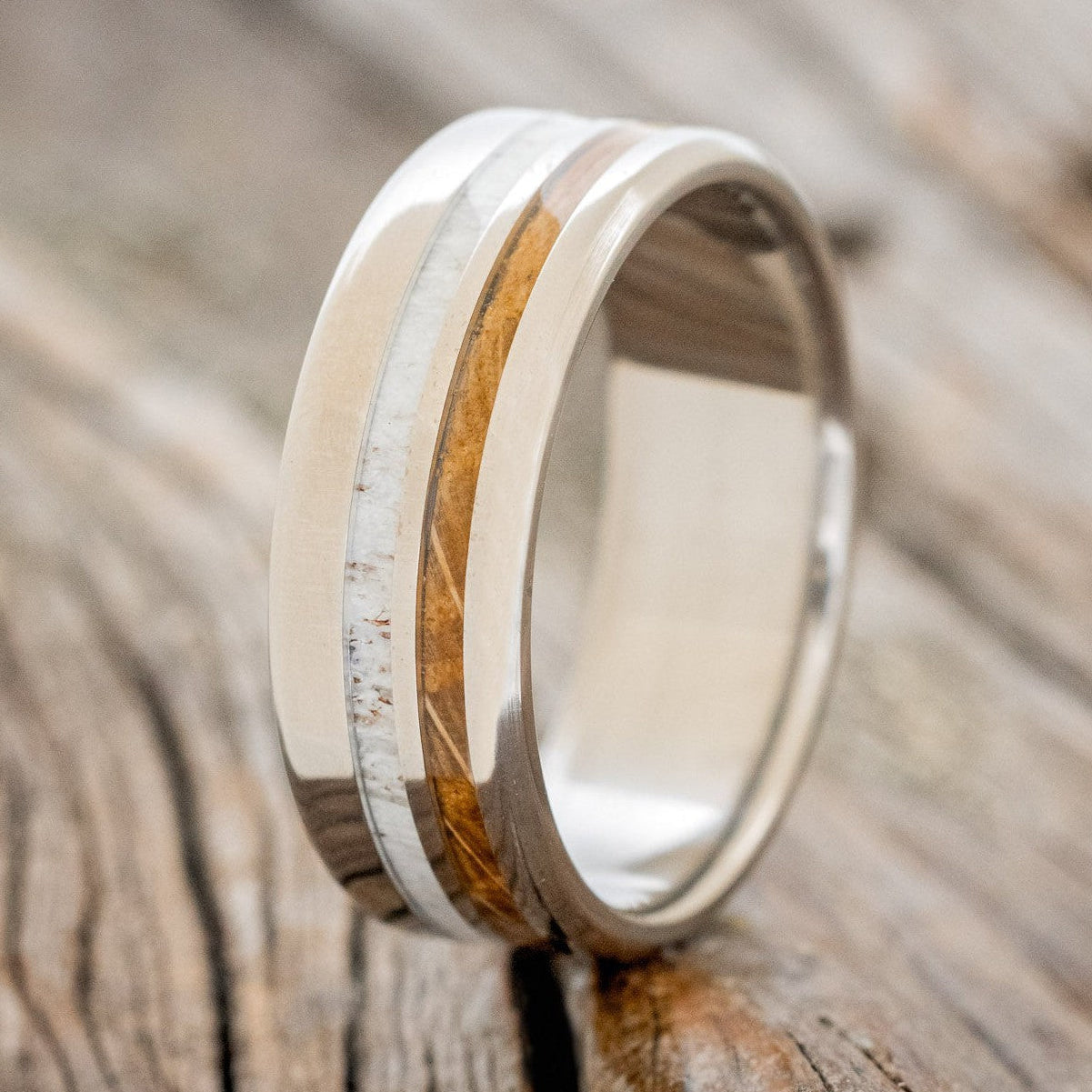 "COSMO" - WHISKEY BARREL OAK & ANTLER WEDDING BAND-1