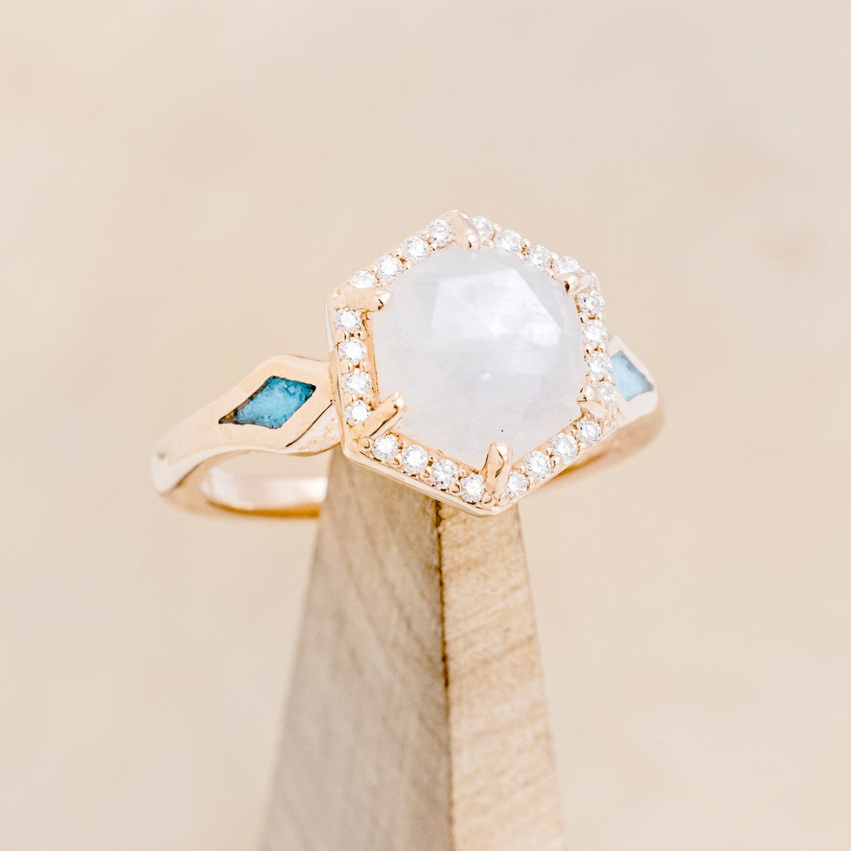 "CRAZY ON YOU" - HEXAGON MOONSTONE ENGAGEMENT RING WITH DIAMOND HALO & TURQUOISE INLAYS-1