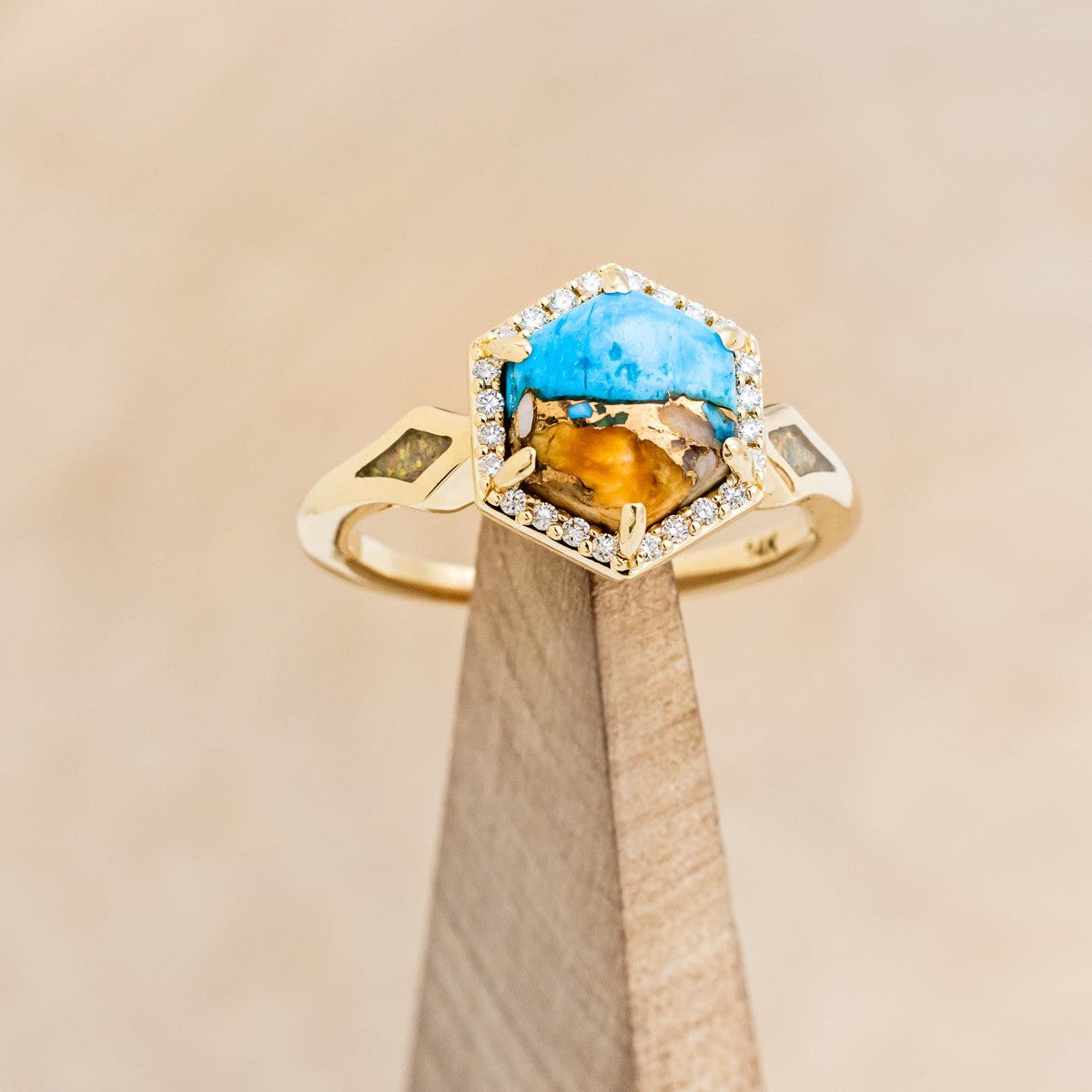 "CRAZY ON YOU" - HEXAGON SPINY OYSTER TURQUOISE ENGAGEMENT RING WITH DIAMOND HALO & FIRE AND ICE OPAL INLAYS-1