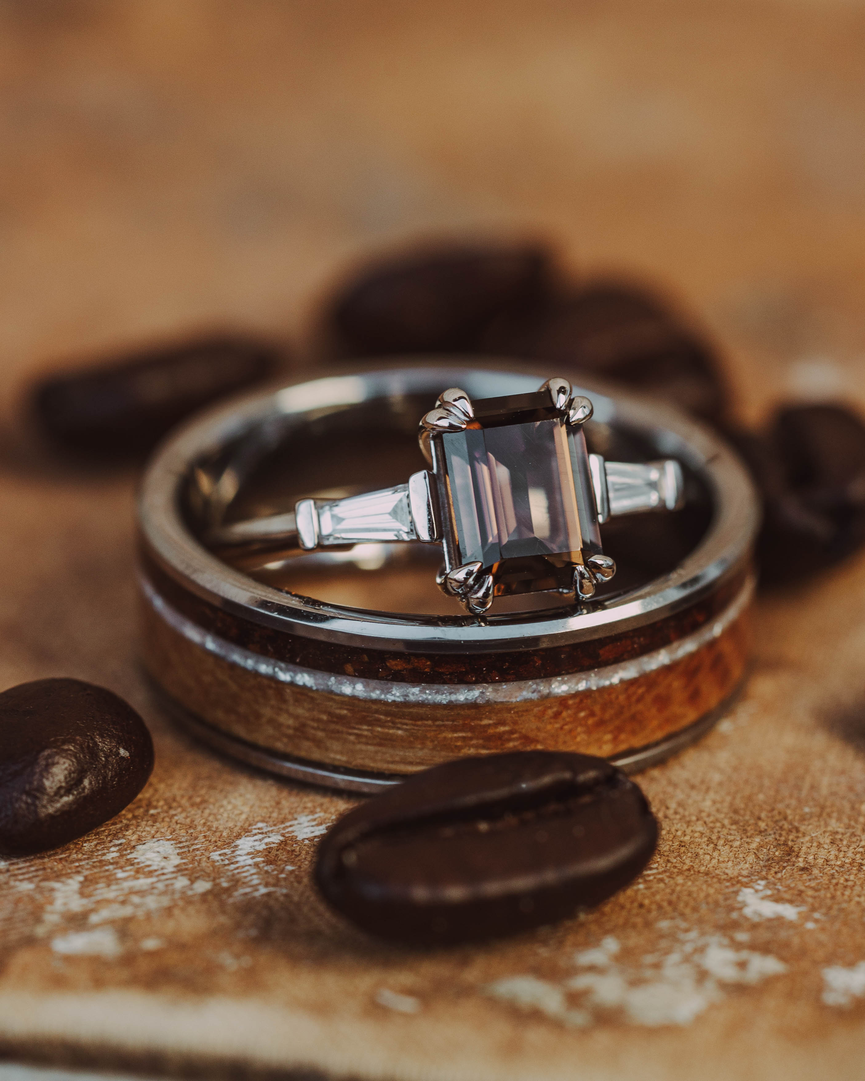 "ALBINA" - EMERALD CUT SMOKY QUARTZ DOUBLE CLAW PRONG ENGAGEMENT RING WITH LAB-GROWN DIAMOND ACCENTS-Staghead Designs