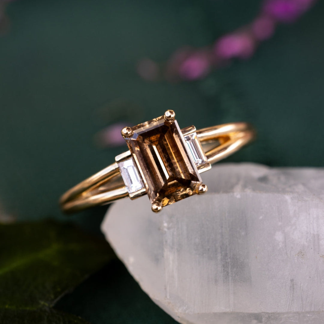 ONE-OF-A-KIND - "CORELLA" - EMERALD CUT CHAMPAGNE DIAMOND ENGAGEMENT RING WITH DIAMOND ACCENTS-Staghead Designs