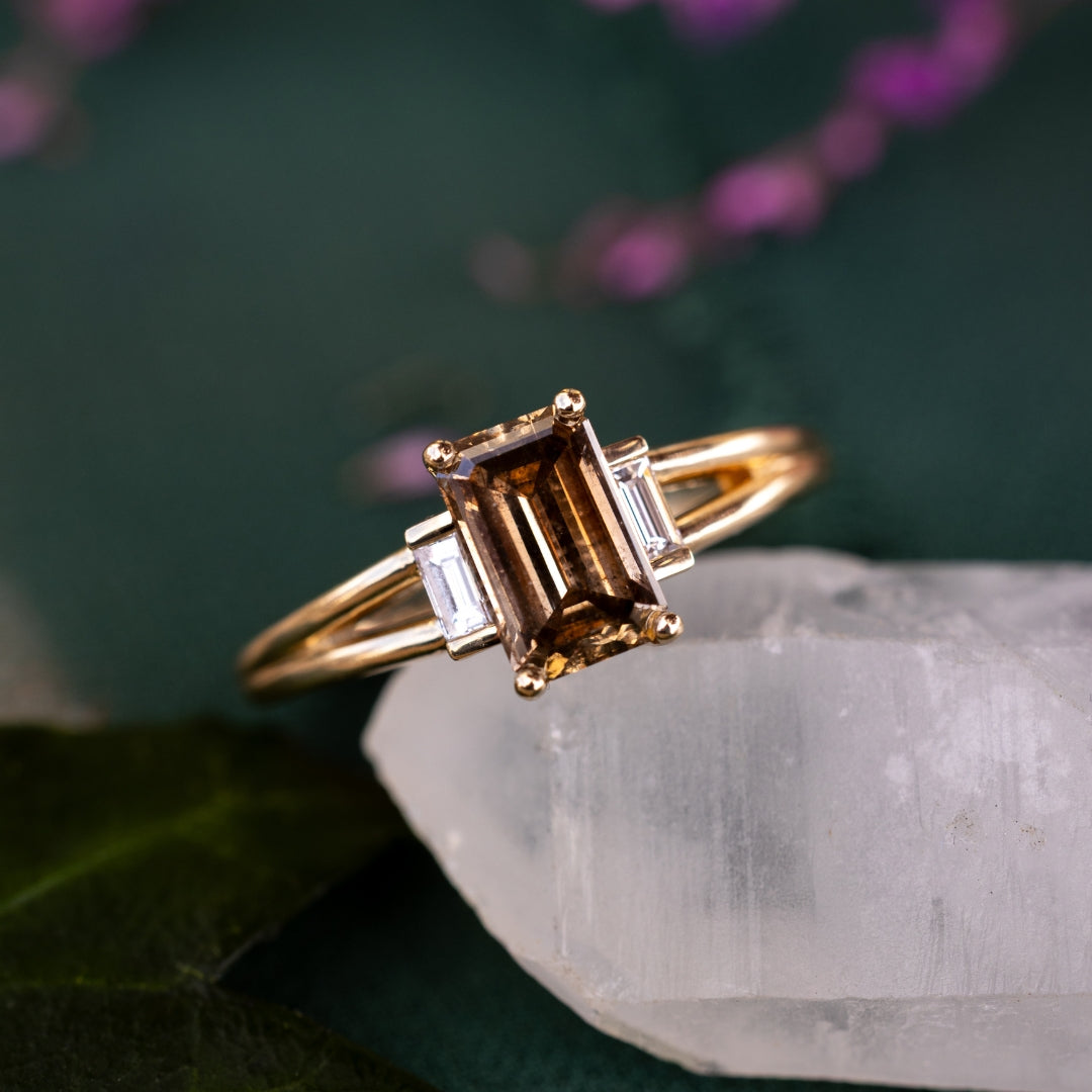 ONE-OF-A-KIND - "CORELLA" - EMERALD CUT CHAMPAGNE DIAMOND ENGAGEMENT RING WITH DIAMOND ACCENTS