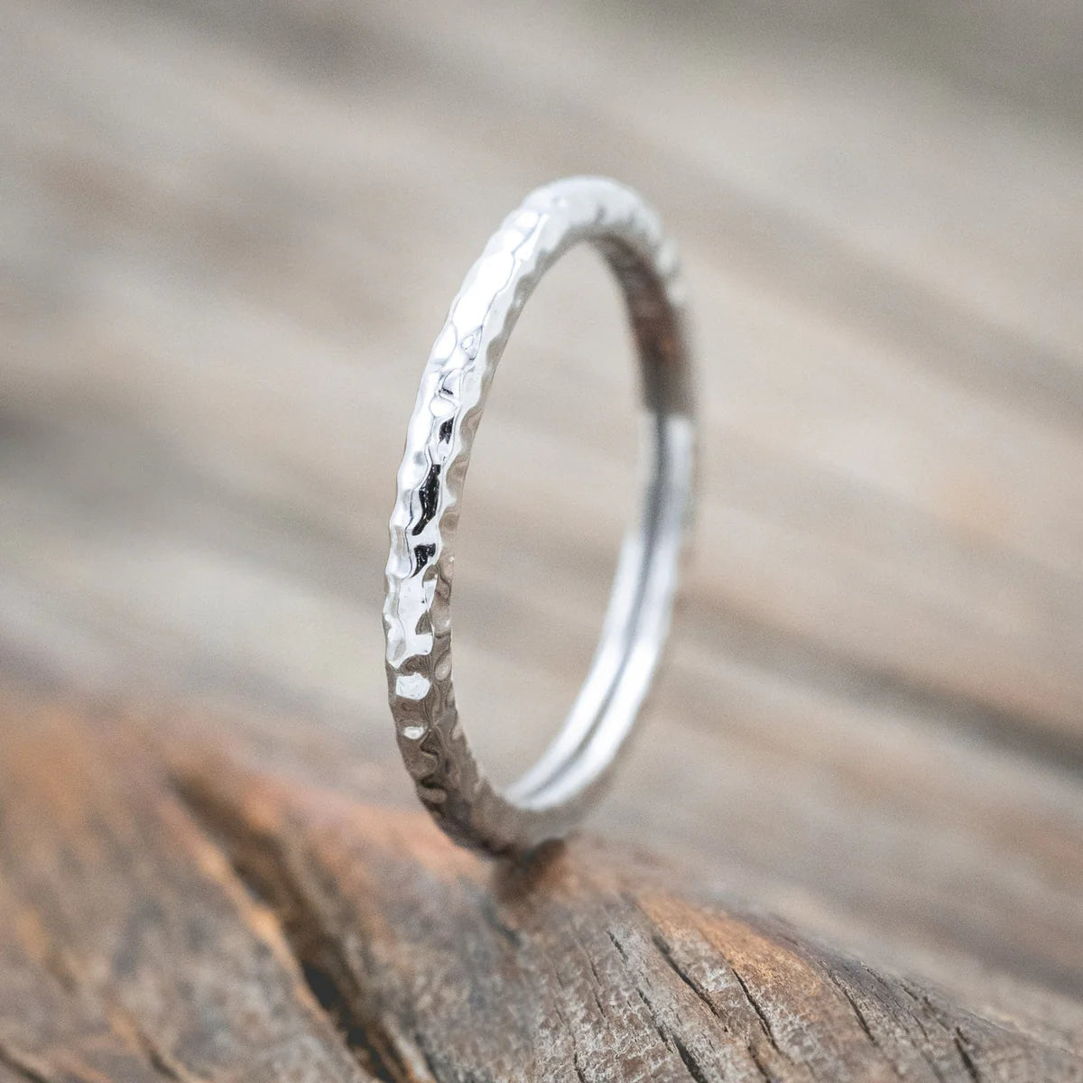 Dainty 14K Solid Gold Stacking Band With A Hammered Finish - 14K White Gold - Size 8