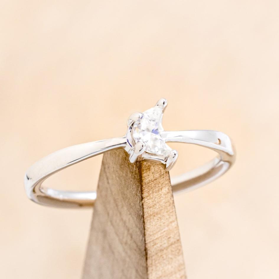 DAINTY SOLITAIRE ENGAGEMENT RING WITH A CRESCENT CUT MOISSANITE CENTER STONE-Staghead Designs