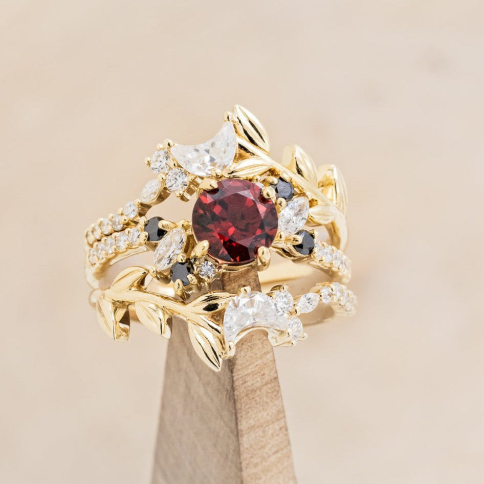 "DEMETER" - BRIDAL SUITE - ROUND GARNET ENGAGEMENT RING WITH BLACK & WHITE DIAMOND ACCENTS & TWO DIAMOND TRACERS WITH CRESCENT MOON ACCENTS-1