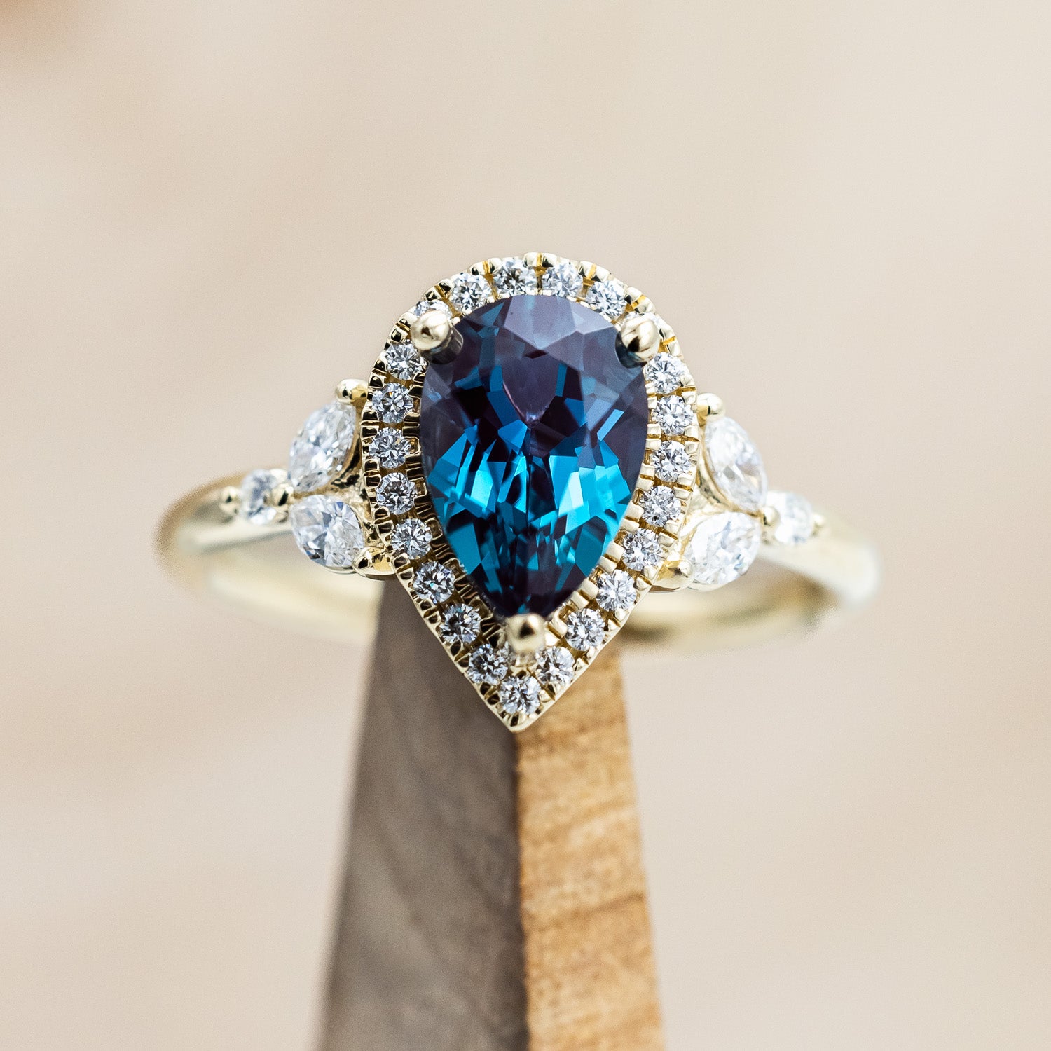 "DREAM" - PEAR CUT LAB-GROWN ALEXANDRITE ENGAGEMENT RING WITH DIAMOND HALO & ACCENTS-Staghead Designs