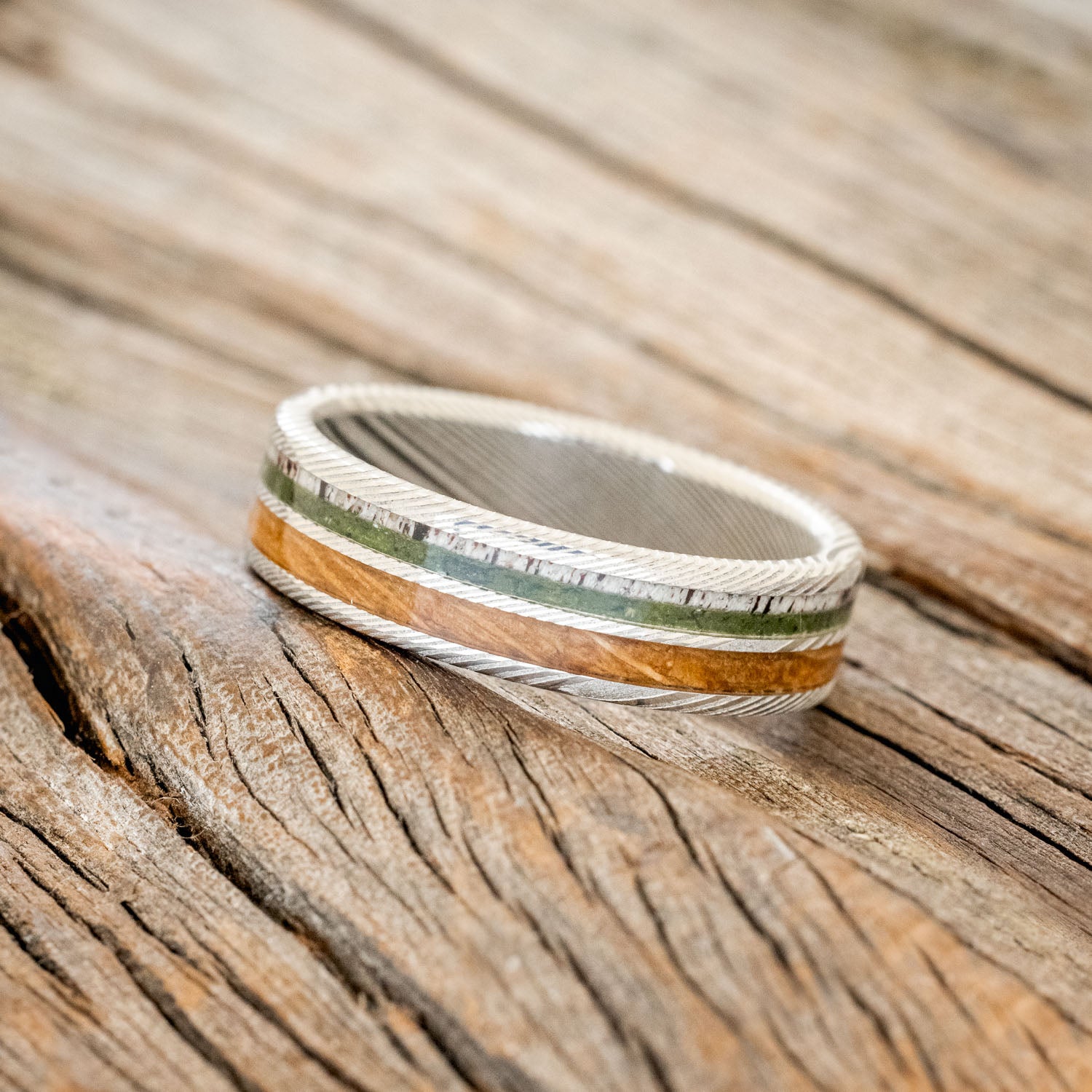"DYAD" - MOSS, ANTLER & WHISKEY BARREL OAK WEDDING BAND-2