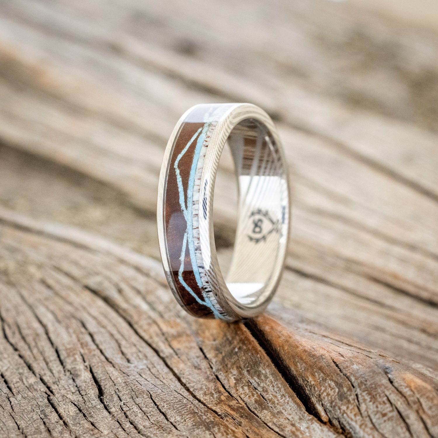 "THE EXPEDITION" - MOUNTAIN ENGRAVED WEDDING RING WITH REDWOOD, TURQUOISE & ANTLER-4