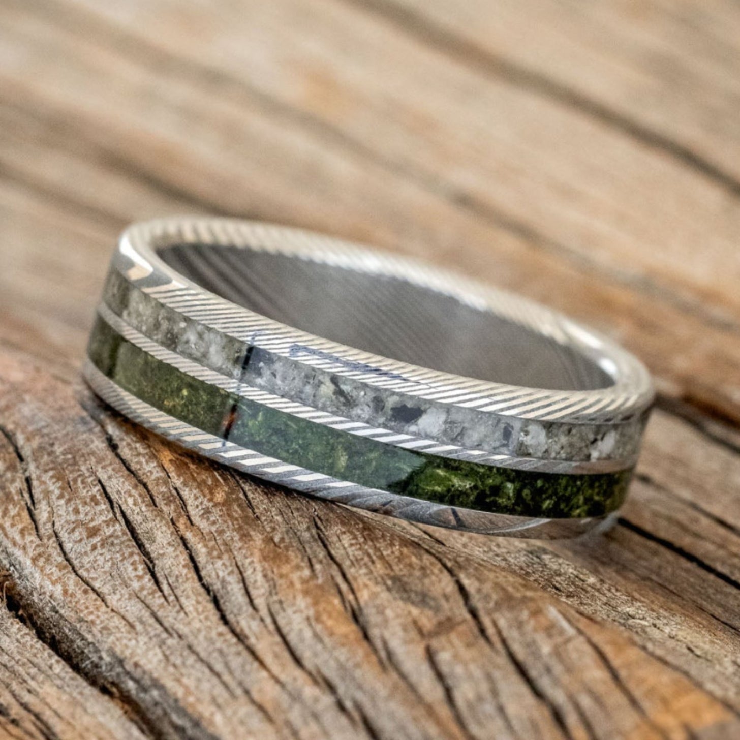 "RAPTOR" - MOSS WITH MOLDAVITE & MOONSTONE MIX WEDDING BAND-8