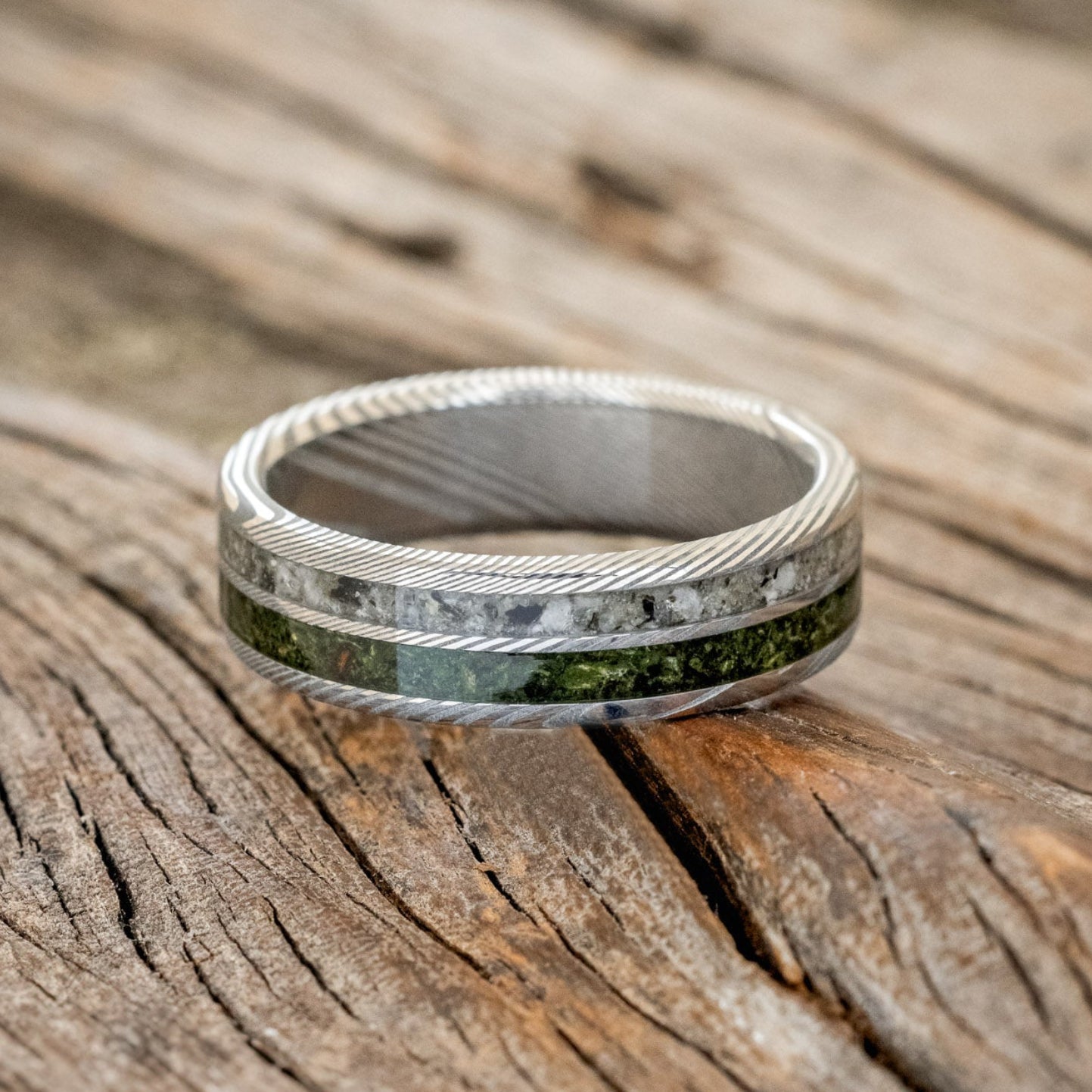 "RAPTOR" - MOSS WITH MOLDAVITE & MOONSTONE MIX WEDDING BAND-9