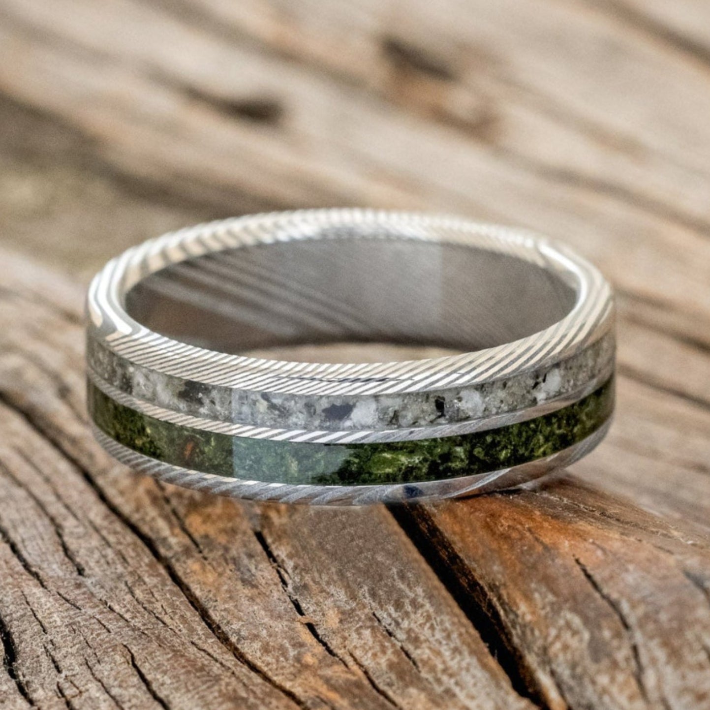 "RAPTOR" - MOSS WITH MOLDAVITE & MOONSTONE MIX WEDDING BAND-9