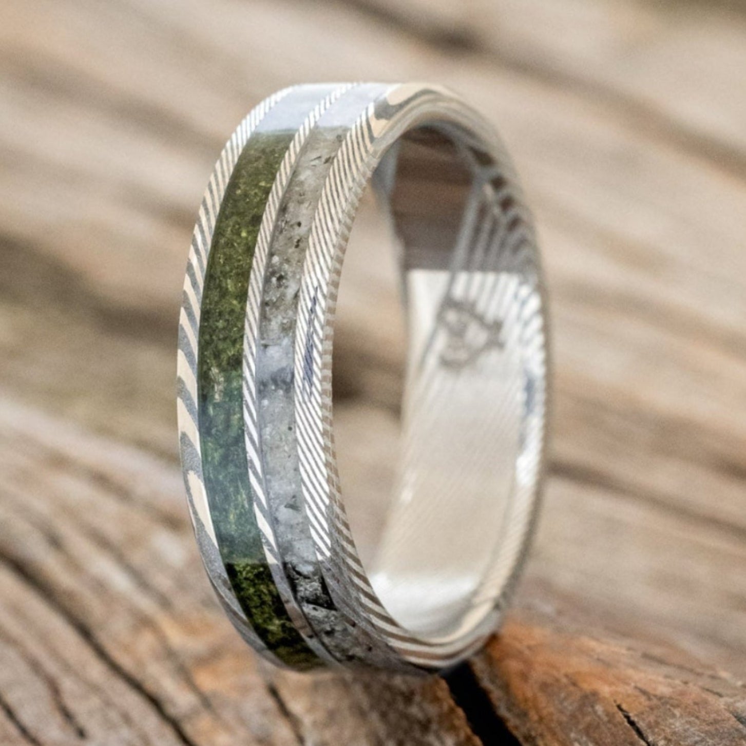 "RAPTOR" - MOSS WITH MOLDAVITE & MOONSTONE MIX WEDDING BAND-7