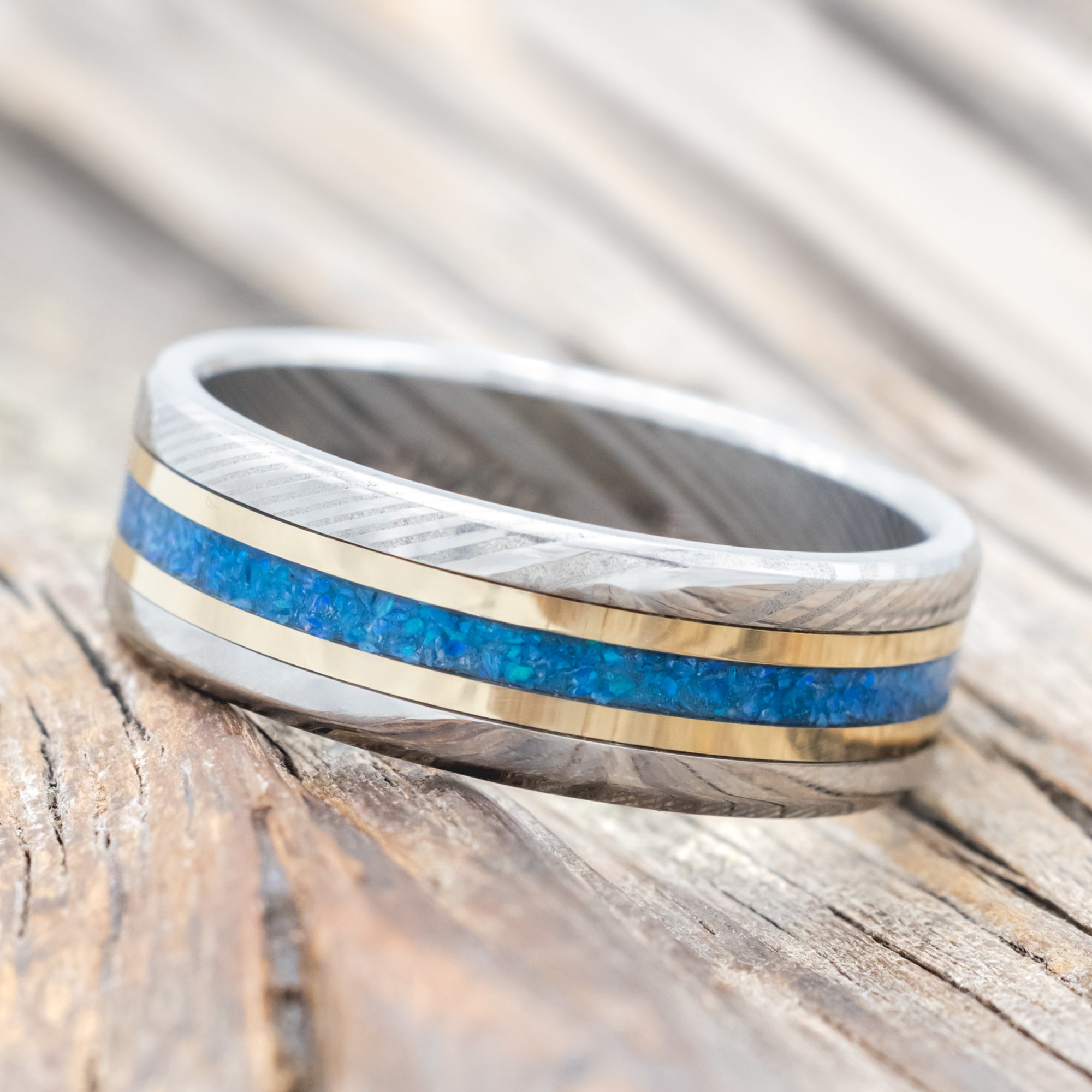 "ASHER" - BLUE OPAL & 14K GOLD INLAYS WEDDING RING-Staghead Designs