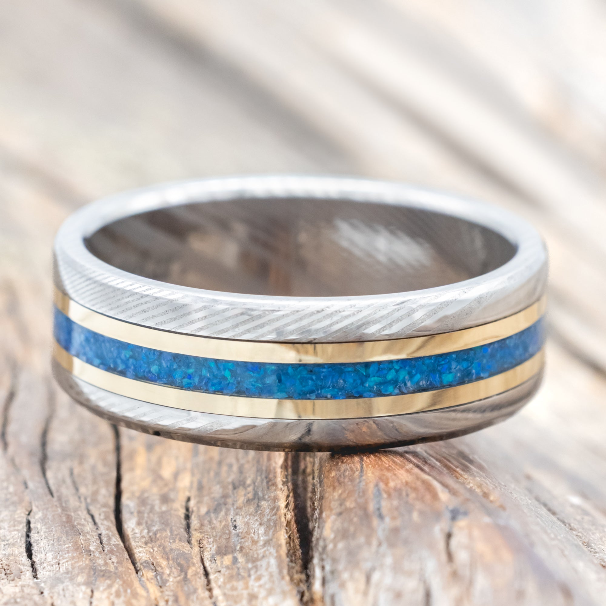 "ASHER" - BLUE OPAL & 14K GOLD INLAYS WEDDING RING-Staghead Designs