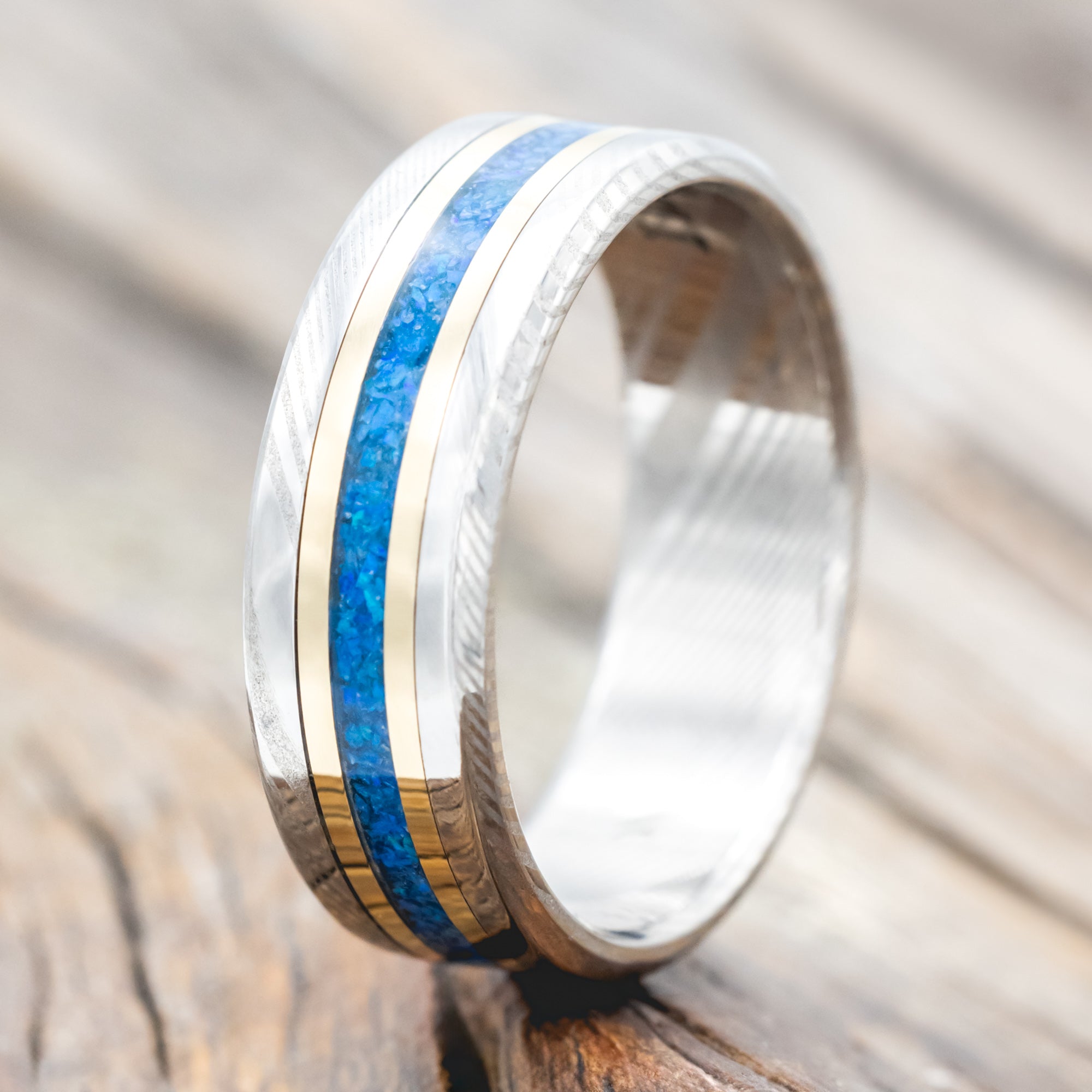 "ASHER" - BLUE OPAL & 14K GOLD INLAYS WEDDING RING-Staghead Designs