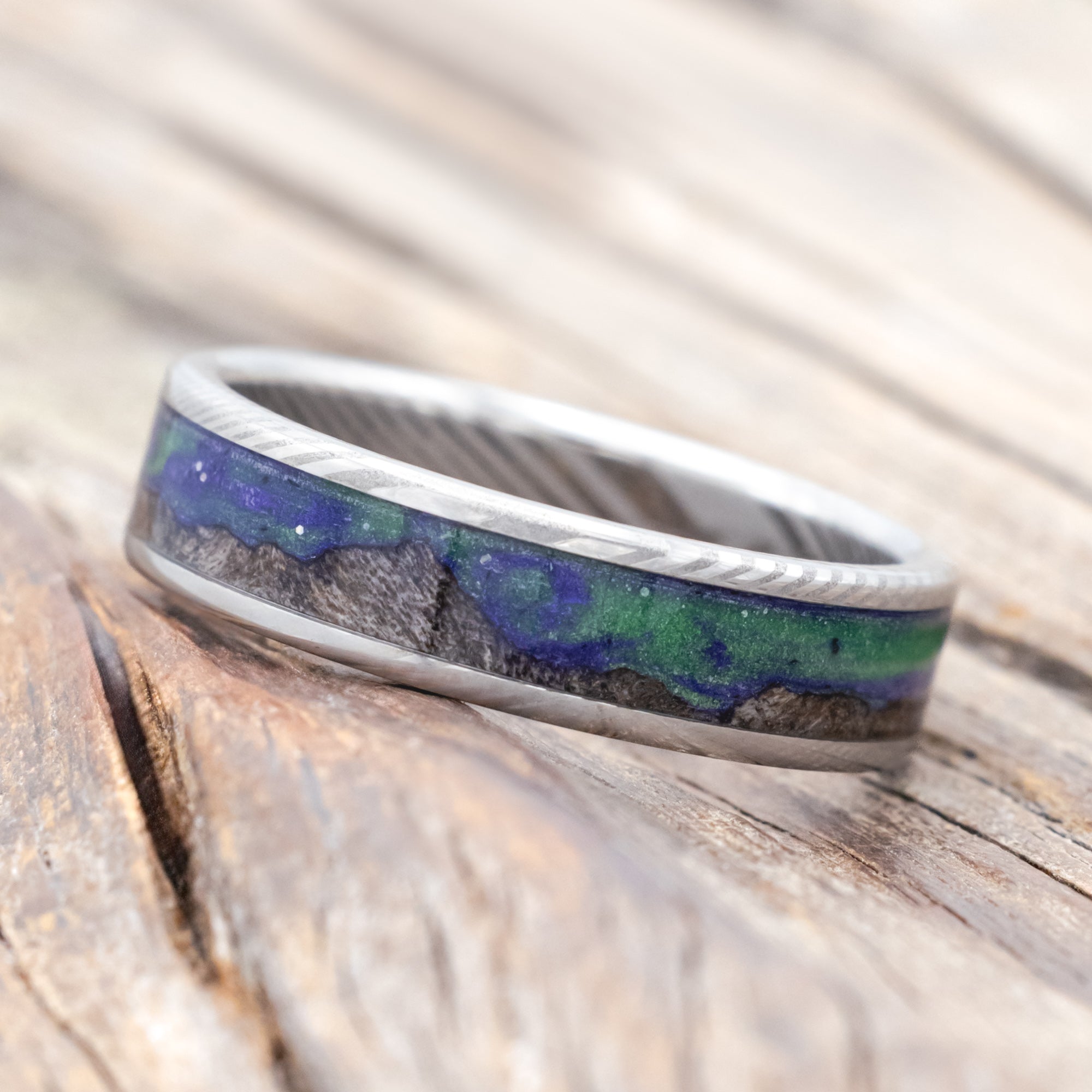 "BOREALIS" - MOUNTAIN ENGRAVED WEDDING RING WITH DARK MAPLE WOOD & GLOW IN THE DARK NORTHERN LIGHTS-Staghead Designs