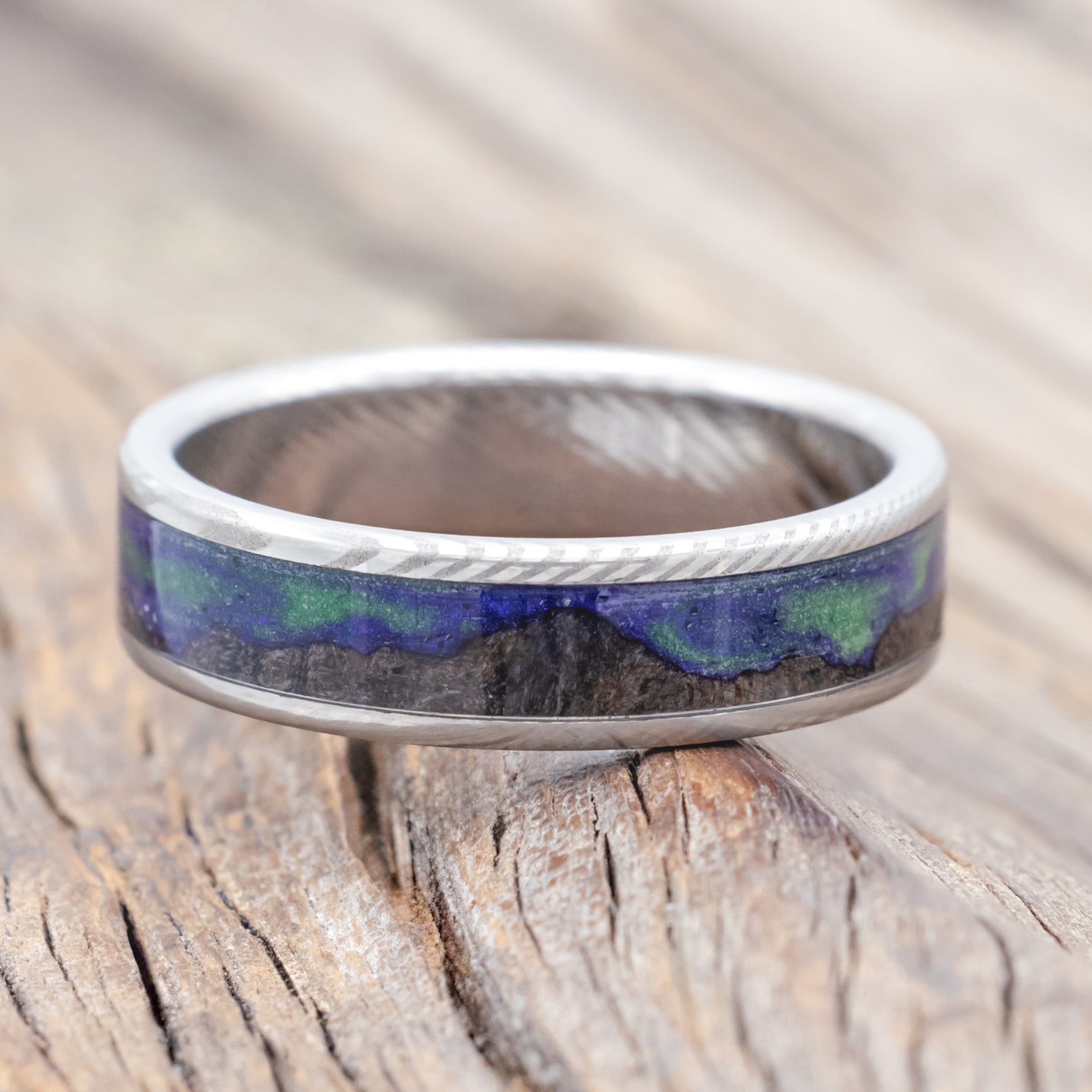 "BOREALIS" - MOUNTAIN ENGRAVED WEDDING RING WITH DARK MAPLE WOOD & GLOW IN THE DARK NORTHERN LIGHTS-Staghead Designs
