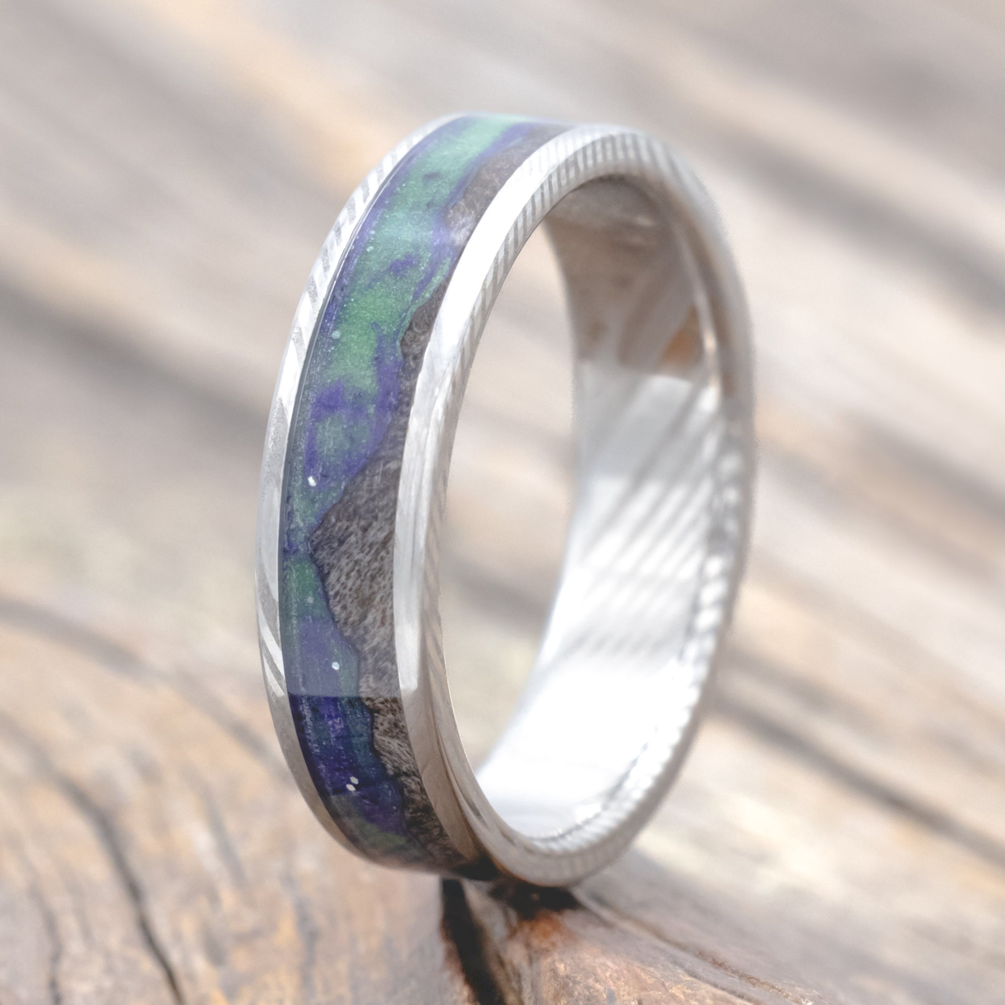 "BOREALIS" - MOUNTAIN ENGRAVED WEDDING RING WITH DARK MAPLE WOOD & GLOW IN THE DARK NORTHERN LIGHTS-Staghead Designs