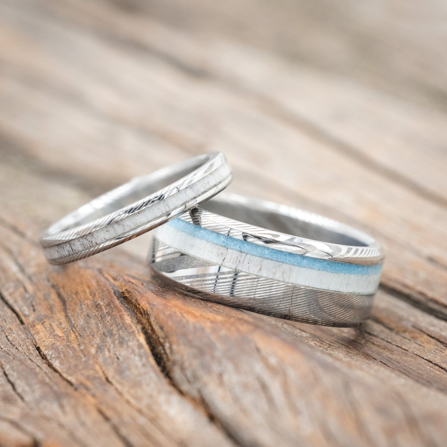 "CASTOR" - MATCHING SET OF ANTLER & TURQUOISE WEDDING BANDS-Staghead Designs