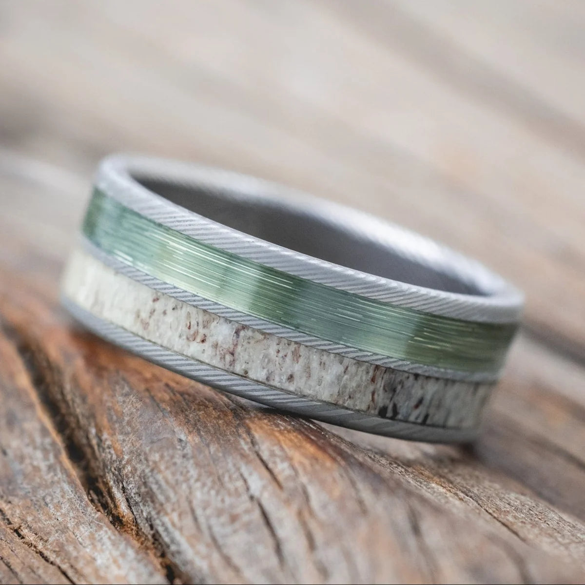 "Dyad" - Antler & Fishing Line Wedding Band - Damascus Steel (8mm) - Size 12 1/4-Staghead Designs