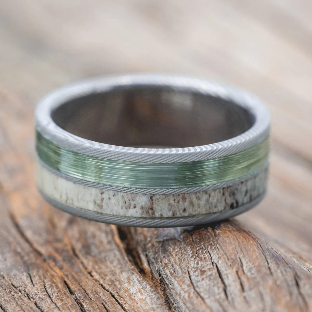 "Dyad" - Antler & Fishing Line Wedding Band - Damascus Steel (8mm) - Size 12 1/4-Staghead Designs