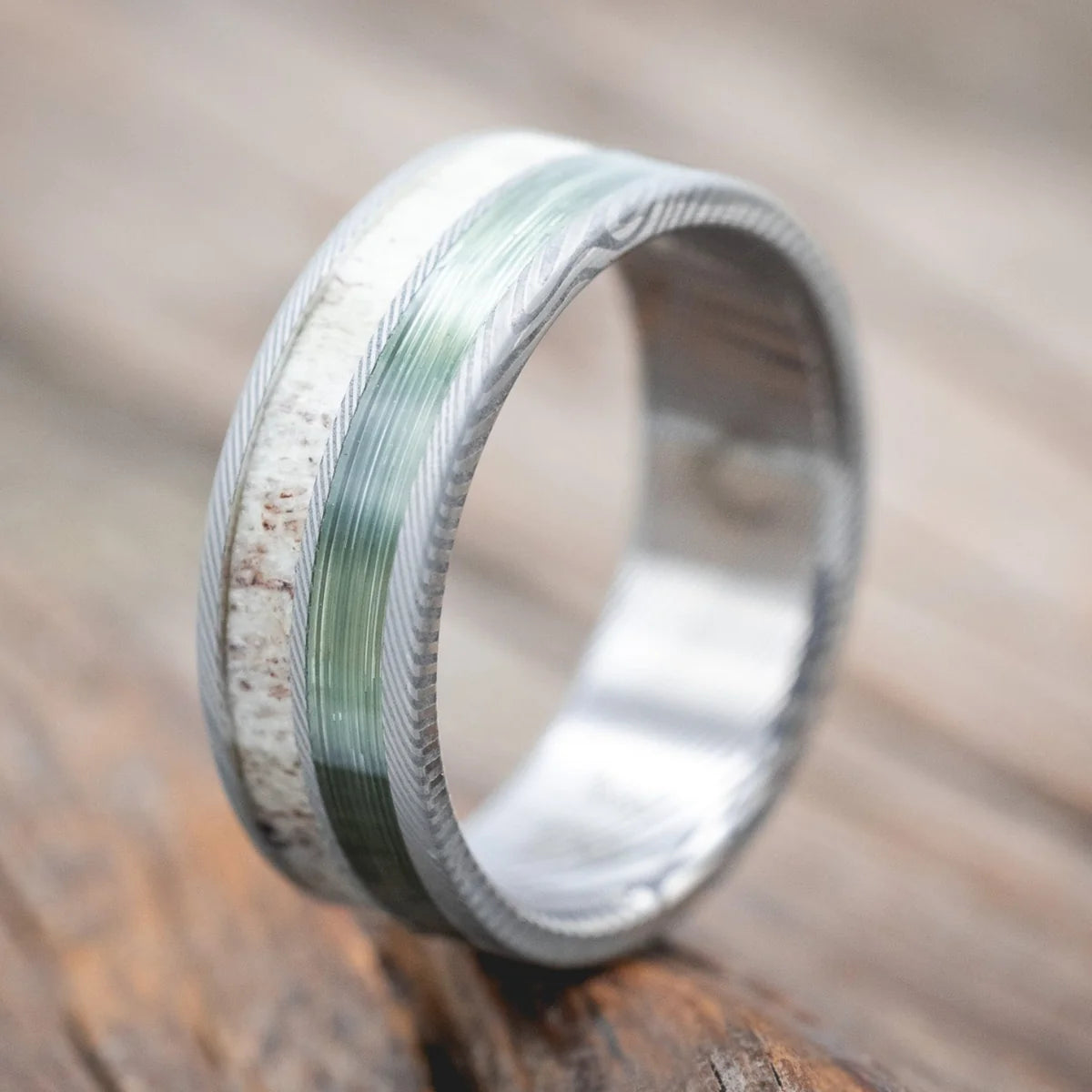 "Dyad" - Antler & Fishing Line Wedding Band - Damascus Steel (8mm) - Size 12 1/4-Staghead Designs