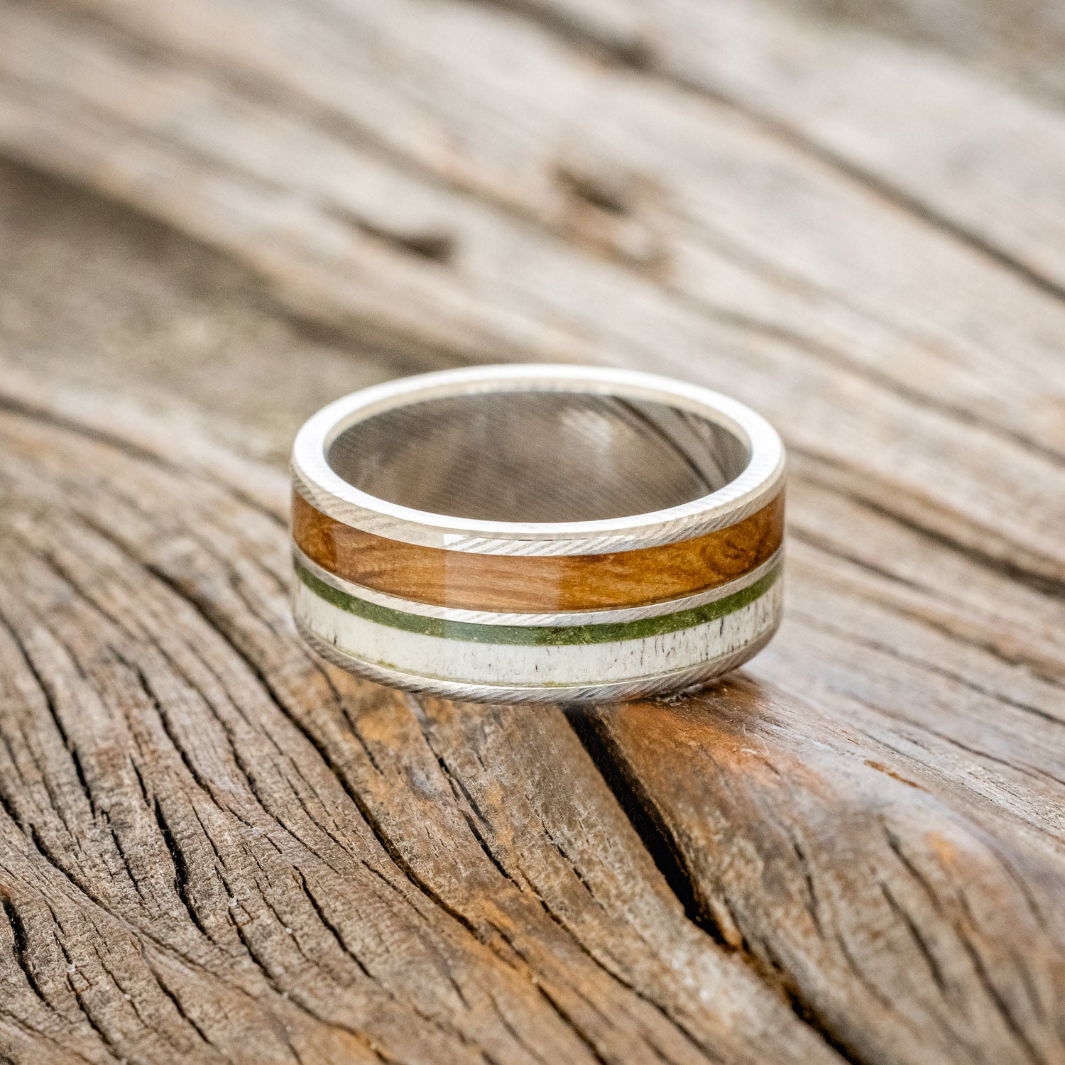 "DYAD" - MOSS, ANTLER & WHISKEY BARREL OAK WEDDING BAND-12