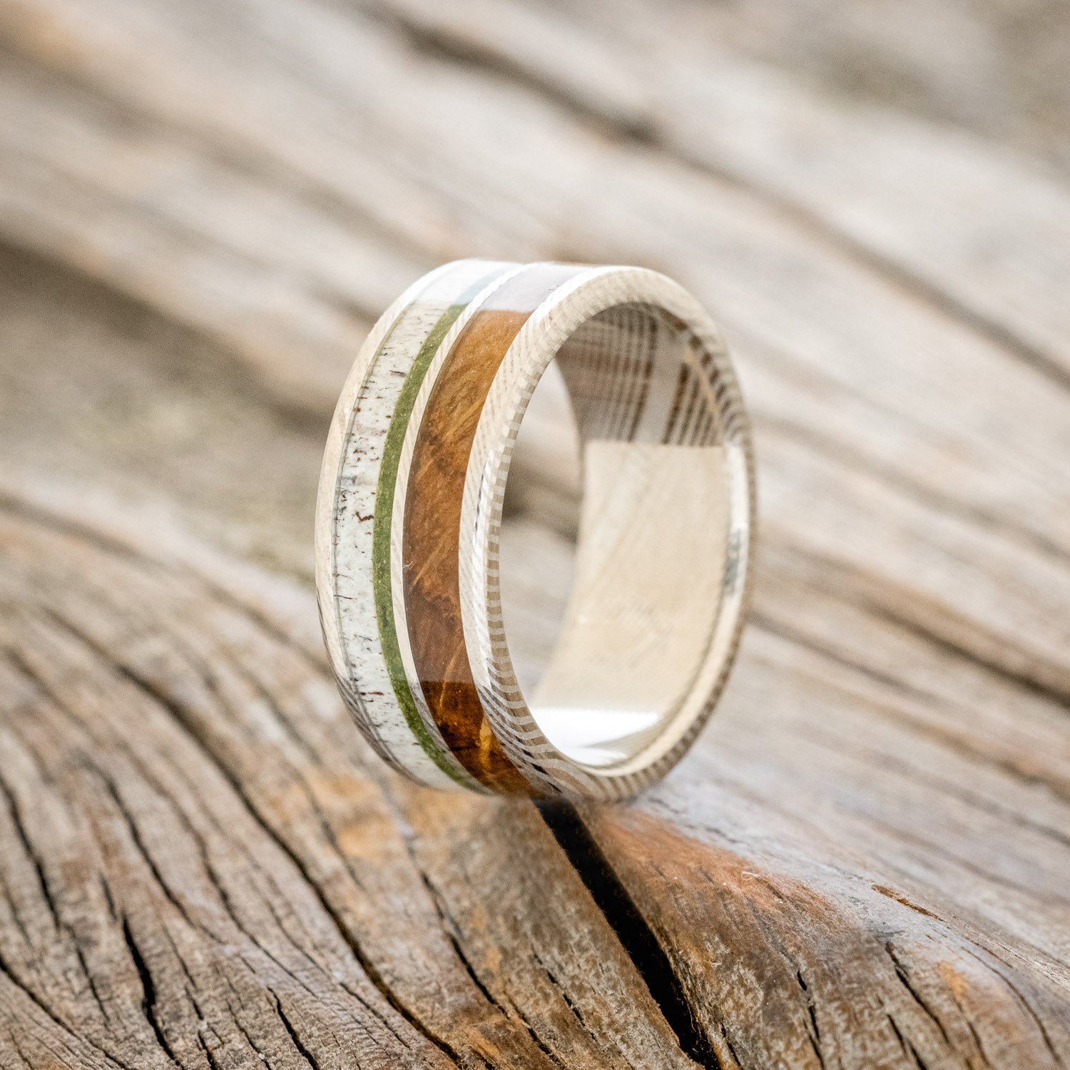 "DYAD" - MOSS, ANTLER & WHISKEY BARREL OAK WEDDING BAND-10