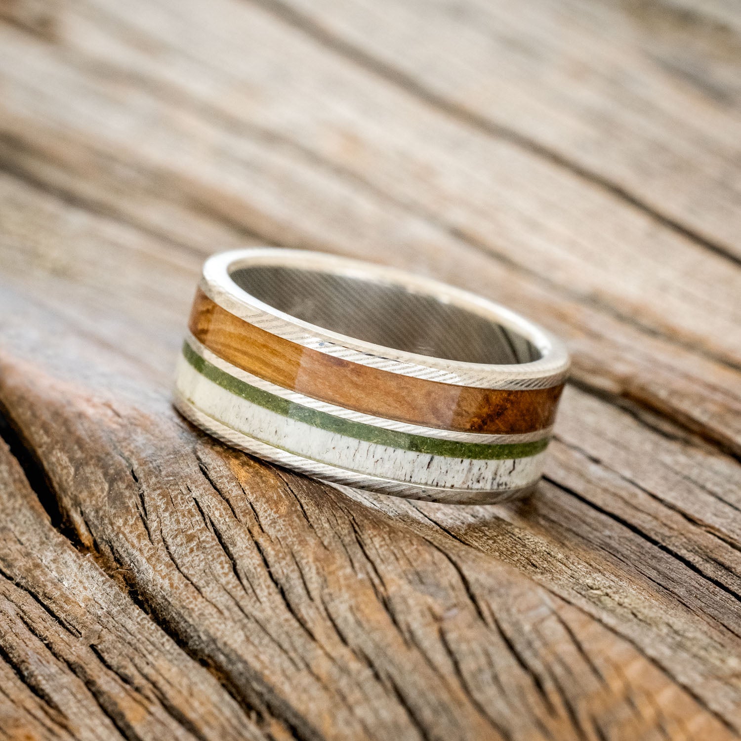 "DYAD" - MOSS, ANTLER & WHISKEY BARREL OAK WEDDING BAND-11