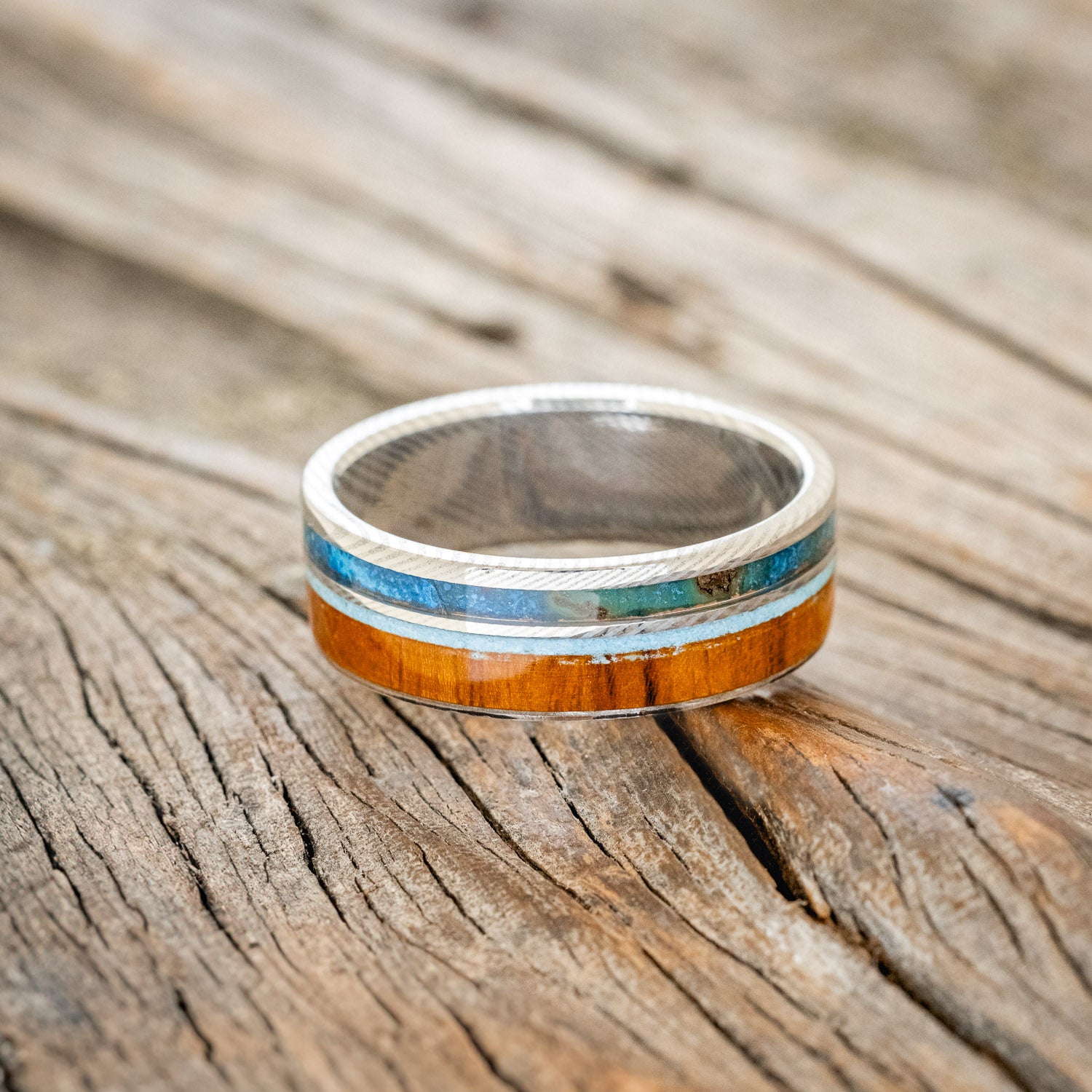 "ELEMENT" - IRONWOOD, PATINA COPPER & TURQUOISE WEDDING BAND-10