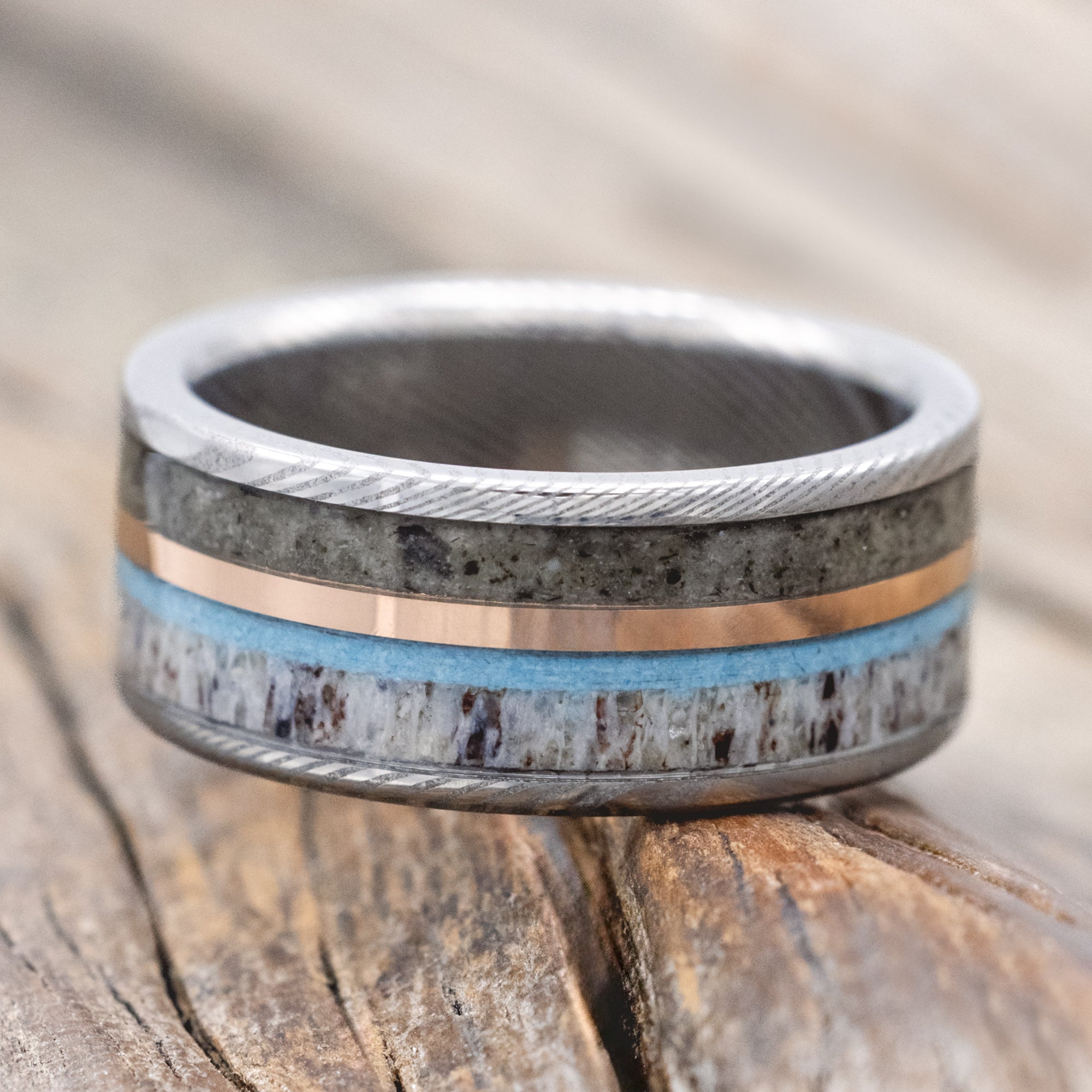 "ELEMENT" - MOONSTONE, TURQUOISE, ANTLER & 14K ROSE GOLD INLAY WEDDING BAND-Staghead Designs