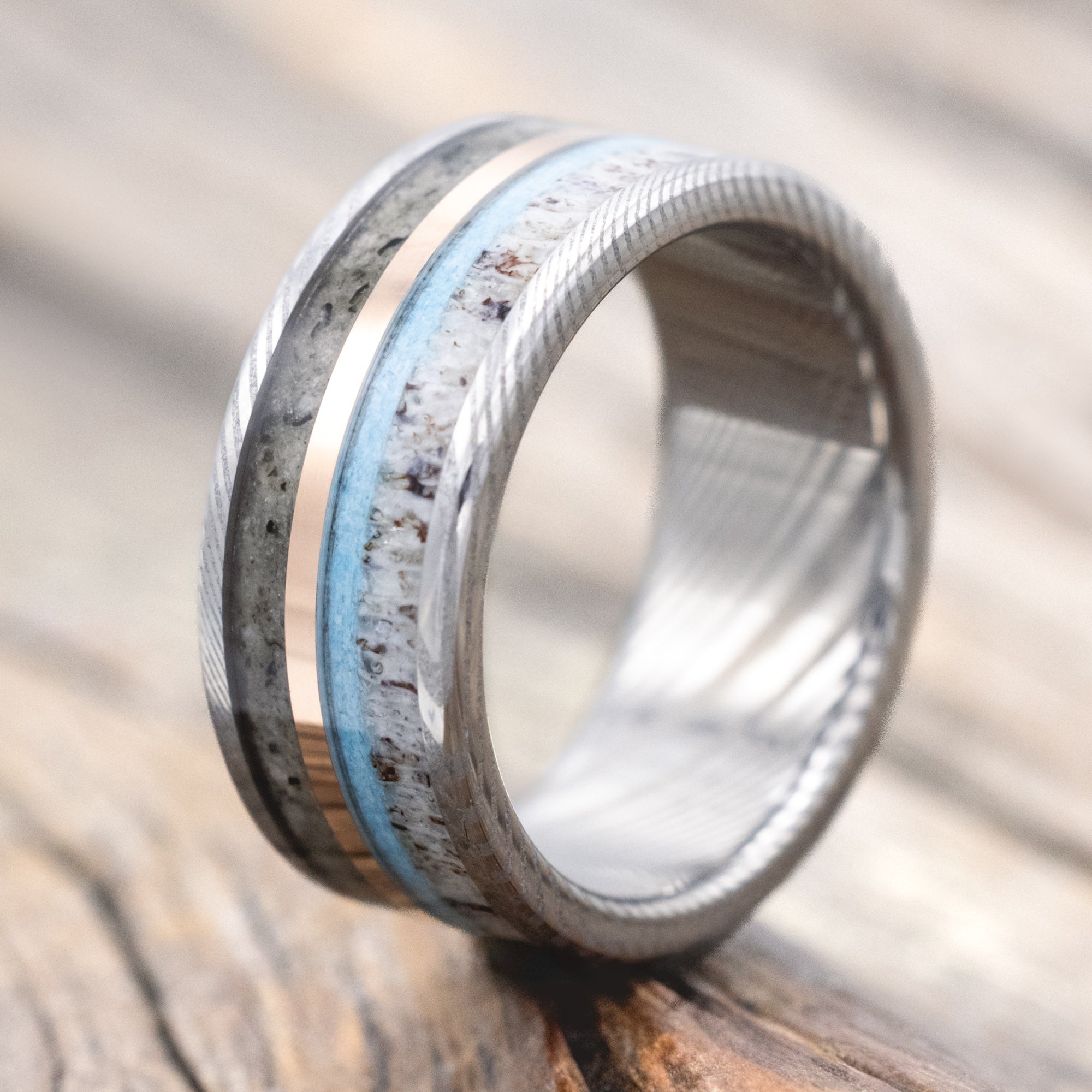 "ELEMENT" - MOONSTONE, TURQUOISE, ANTLER & 14K ROSE GOLD INLAY WEDDING BAND-Staghead Designs