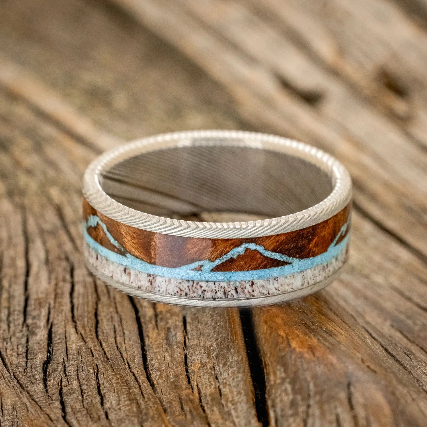 "THE EXPEDITION" - MOUNTAIN ENGRAVED WEDDING RING WITH REDWOOD, TURQUOISE & ANTLER - DAMASCUS STEEL - SIZE 12-3