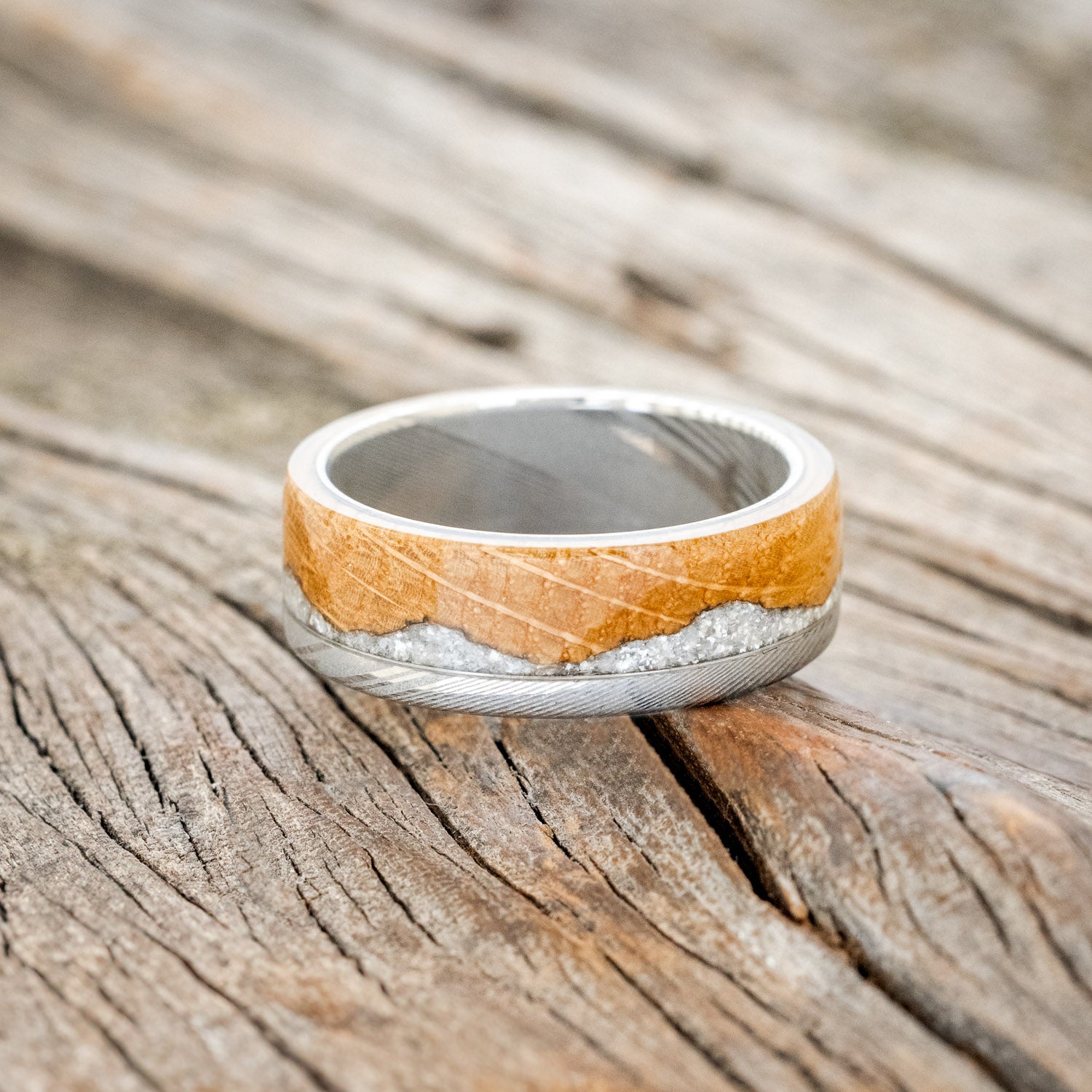 "EZRA" - WHISKEY BARREL OAK WITH DIAMOND DUST WEDDING RING-9