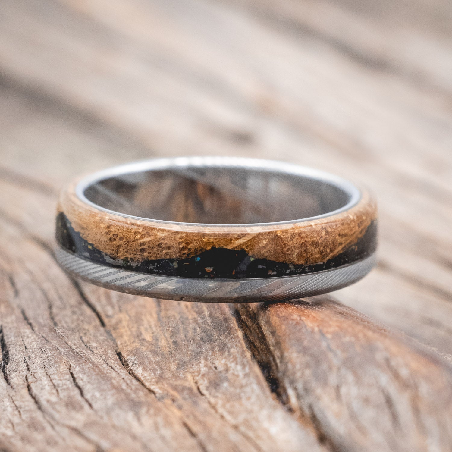"EZRA" - WHISKEY BARREL OAK WITH JET STONE & OPAL MIX WEDDING BAND-Staghead Designs