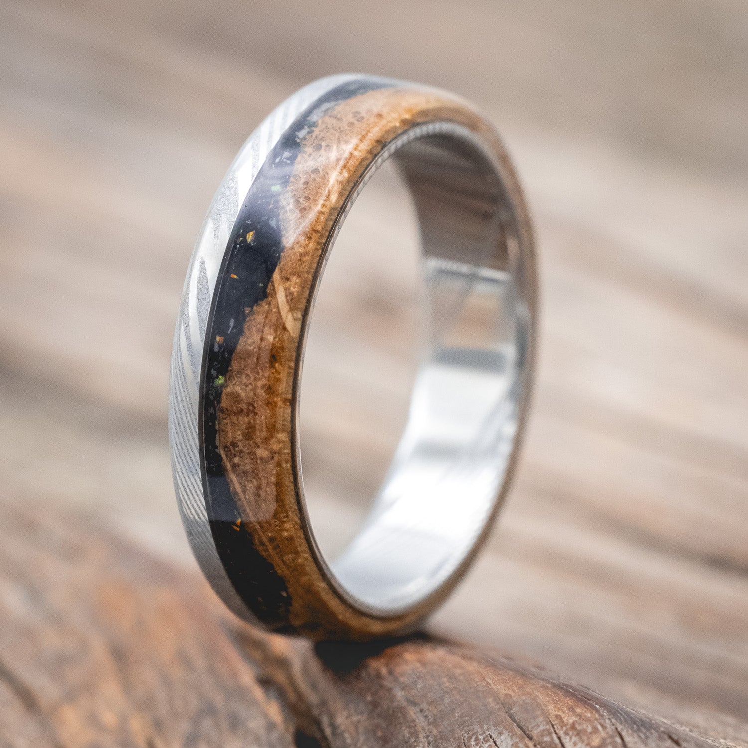 "EZRA" - WHISKEY BARREL OAK WITH JET STONE & OPAL MIX WEDDING BAND-Staghead Designs