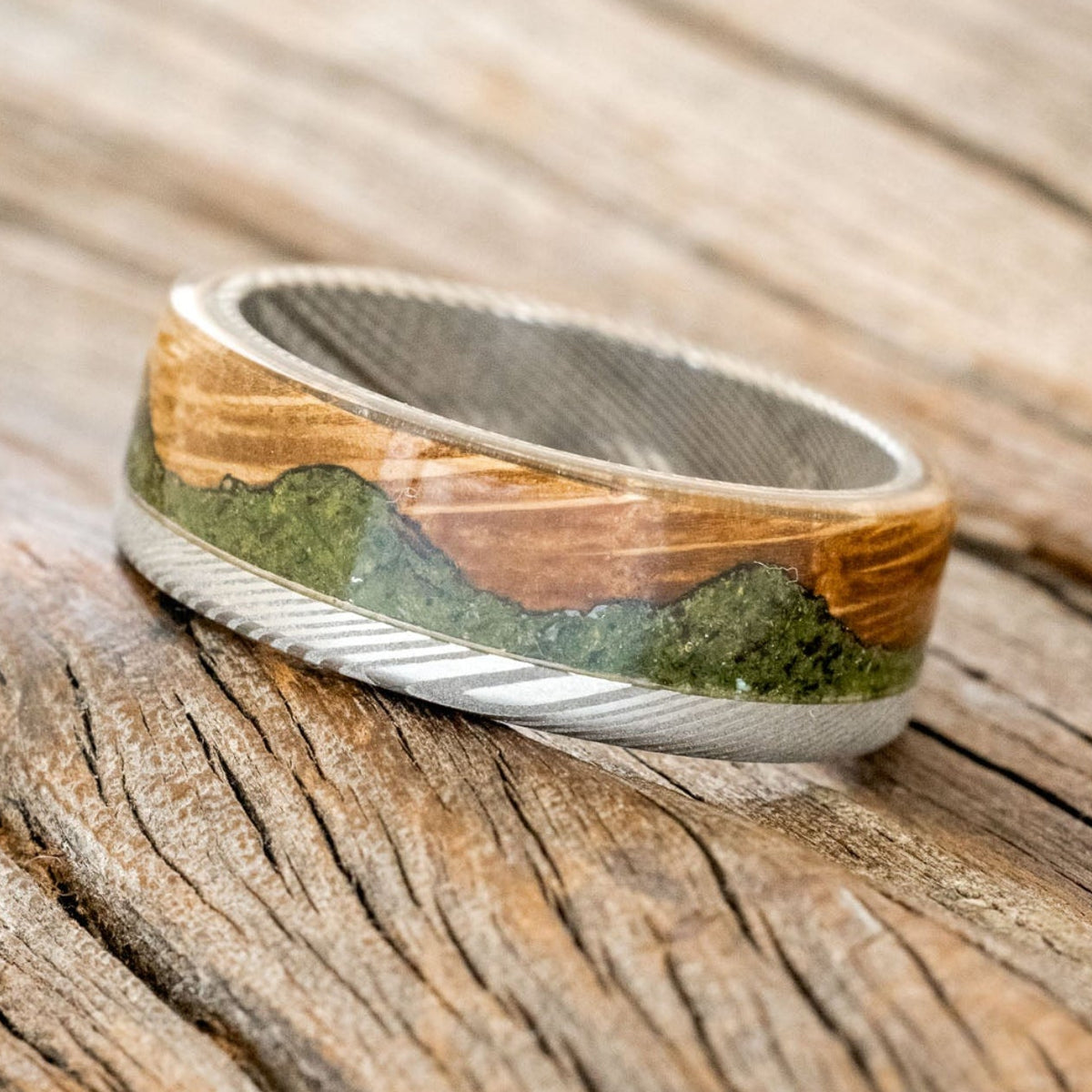 "EZRA" - WHISKEY BARREL OAK WITH MOSS WEDDING RING-8