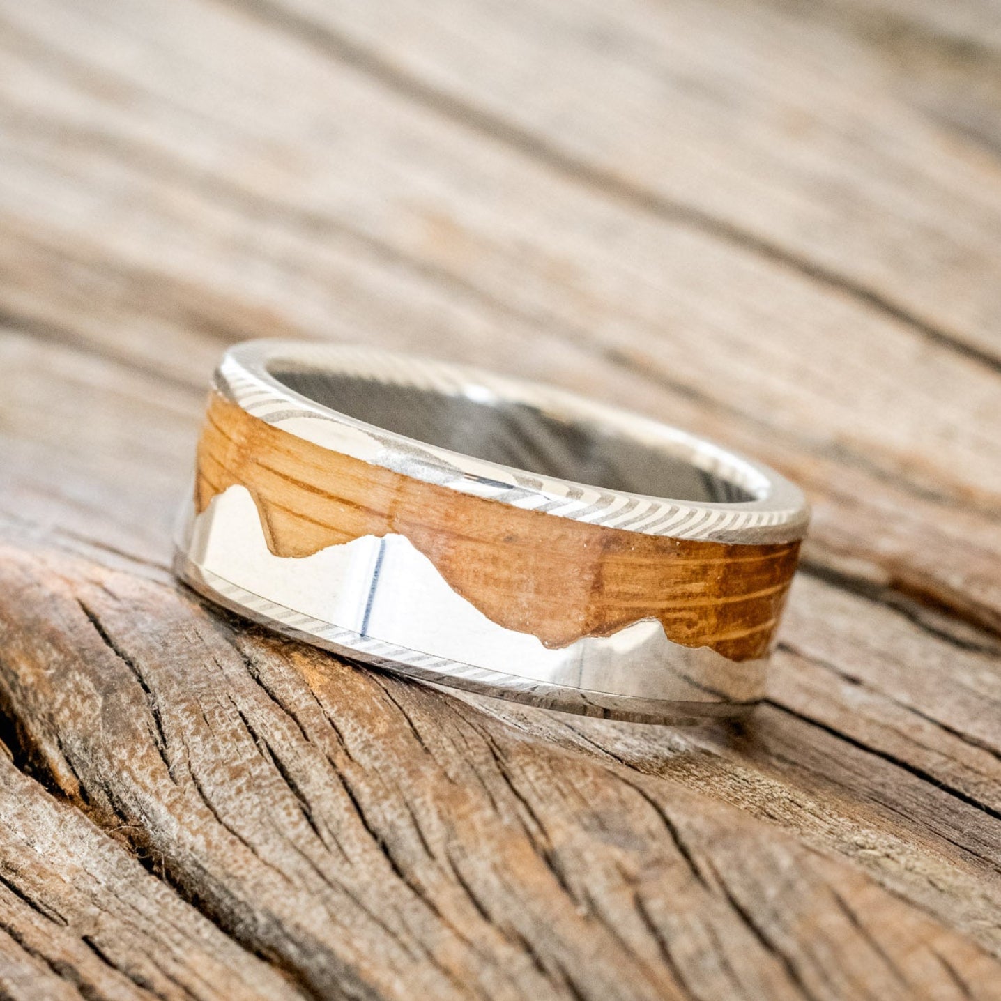 "HELIOS" - WHISKEY BARREL OAK & SILVER MOUNTAIN RANGE WEDDING BAND-11