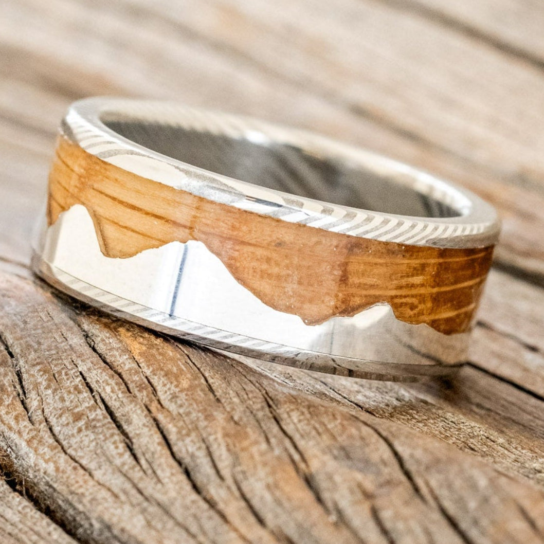 "HELIOS" - WHISKEY BARREL OAK & SILVER MOUNTAIN RANGE WEDDING BAND-11