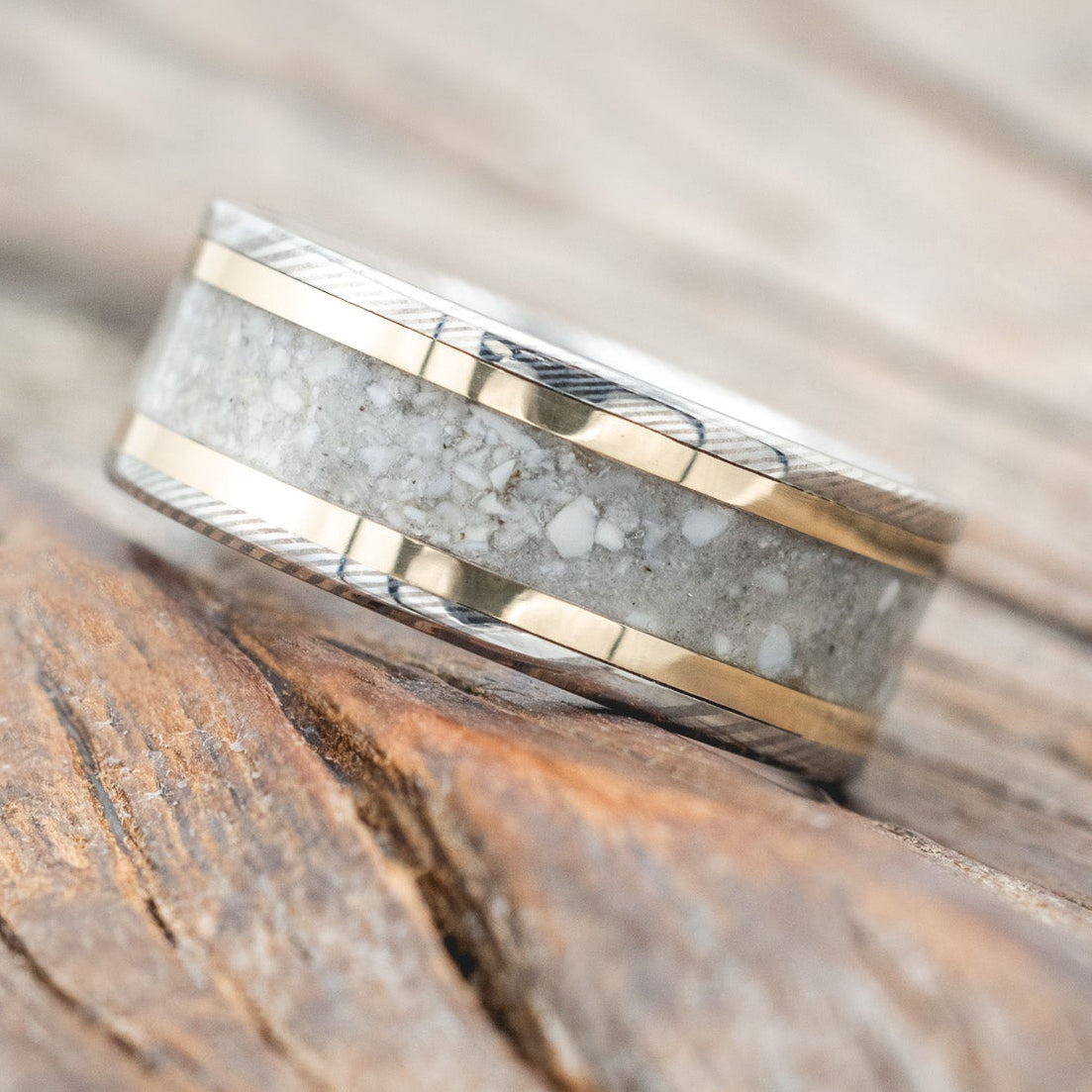 "HOLLIS" - ELK TOOTH IVORY & 14K GOLD INLAYS WEDDING RING FEATURING A HAMMERED BAND-Staghead Designs