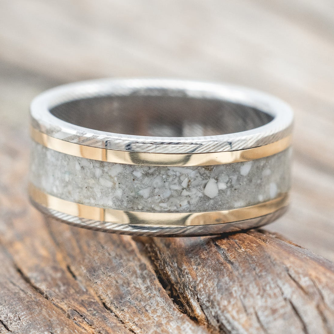 "HOLLIS" - ELK TOOTH IVORY & 14K GOLD INLAYS WEDDING RING FEATURING A HAMMERED BAND-Staghead Designs