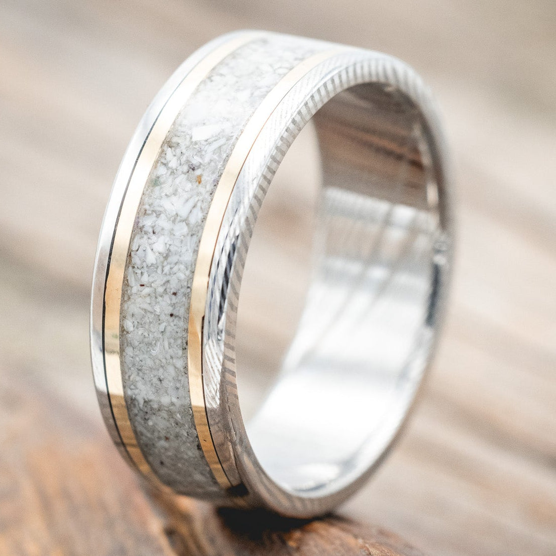 "HOLLIS" - ELK TOOTH IVORY & 14K GOLD INLAYS WEDDING RING FEATURING A HAMMERED BAND-Staghead Designs