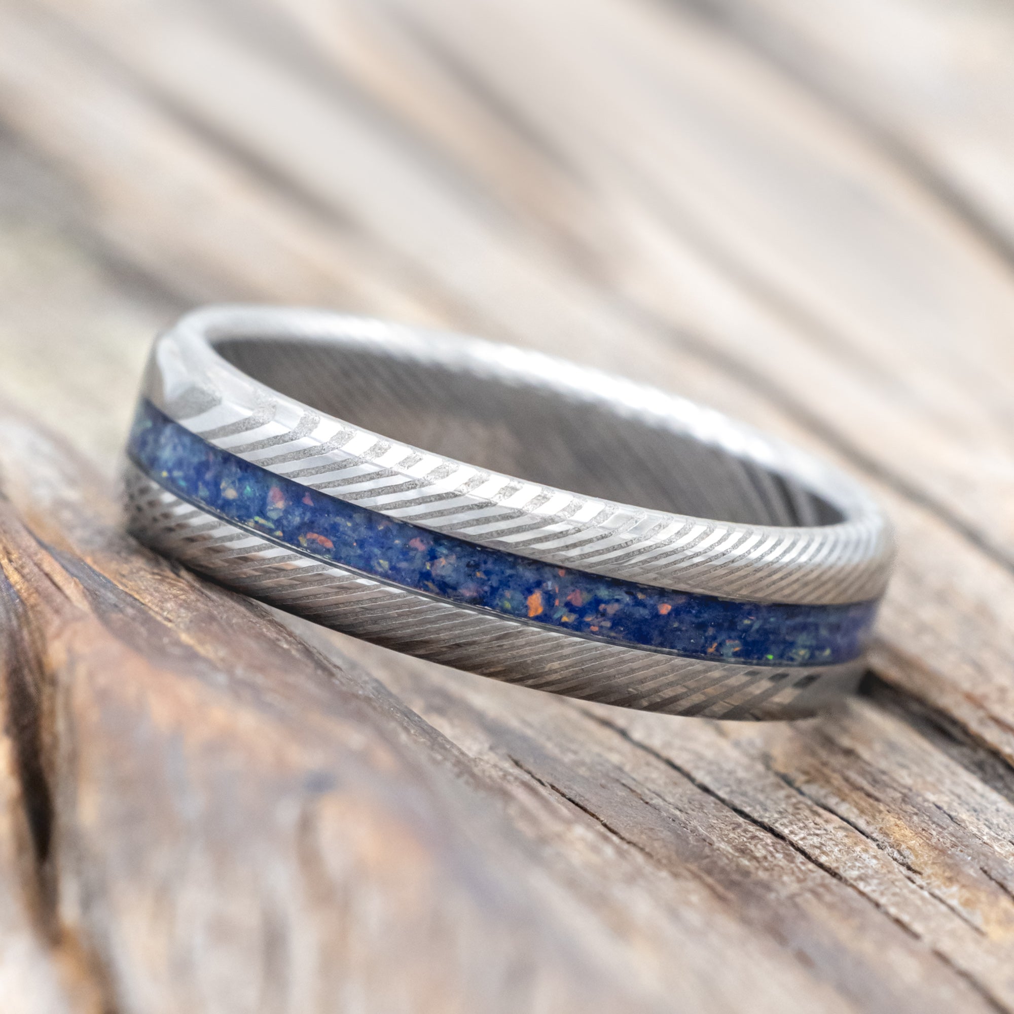 "NIRVANA" - WEDDING BAND WITH MIXED LAPIS LAZULI AND FIRE & ICE OPAL INLAY-Staghead Designs