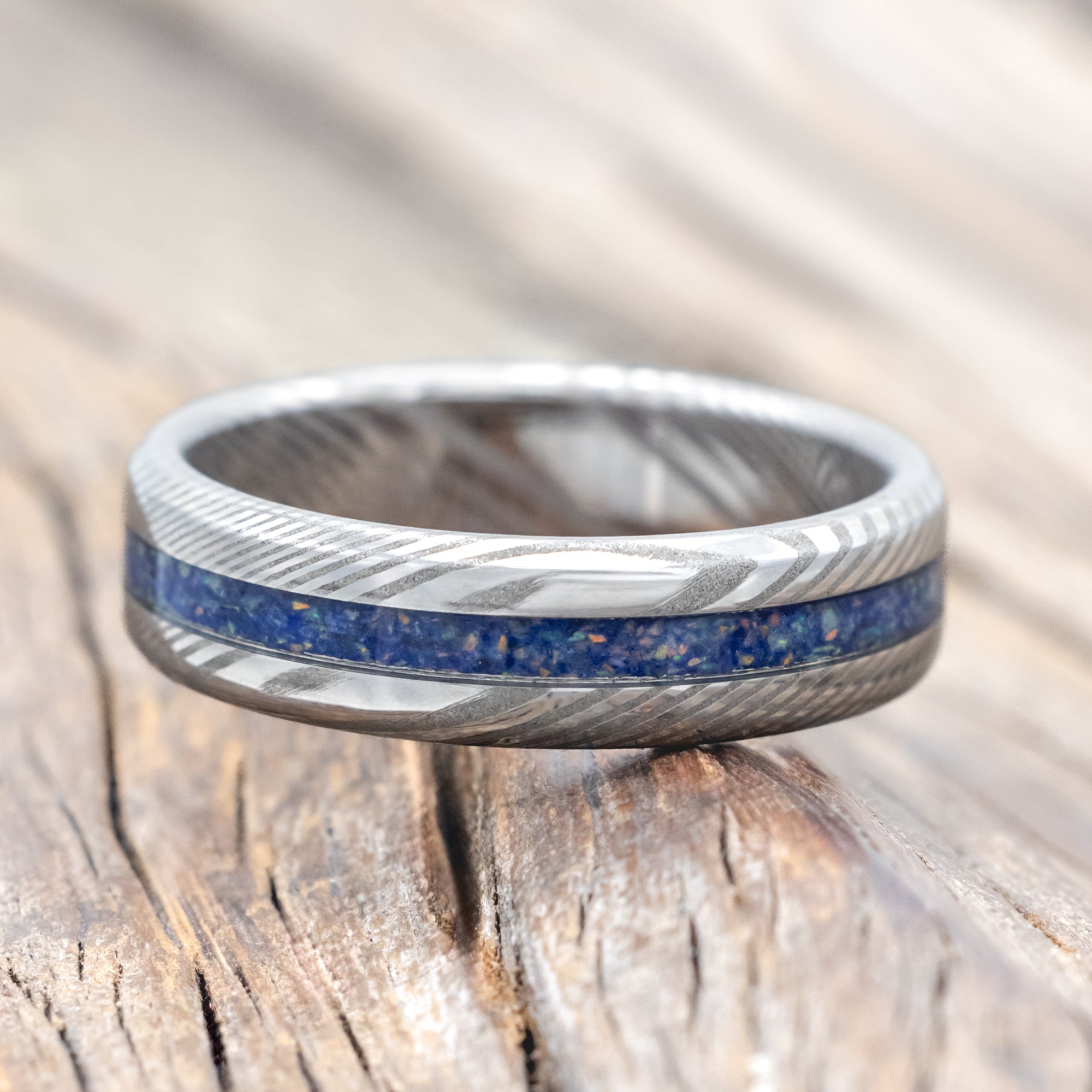 "NIRVANA" - WEDDING BAND WITH MIXED LAPIS LAZULI AND FIRE & ICE OPAL INLAY-Staghead Designs