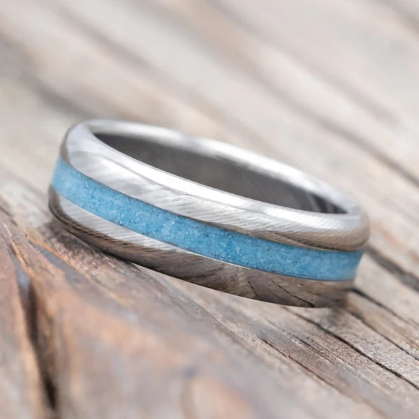 "Nirvana" - Centered Turquoise Wedding Ring - Damascus Steel (6mm) - Size 6.5-Staghead Designs