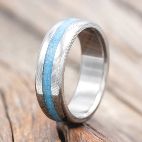 "Nirvana" - Centered Turquoise Wedding Ring - Damascus Steel (6mm) - Size 6.5-Staghead Designs