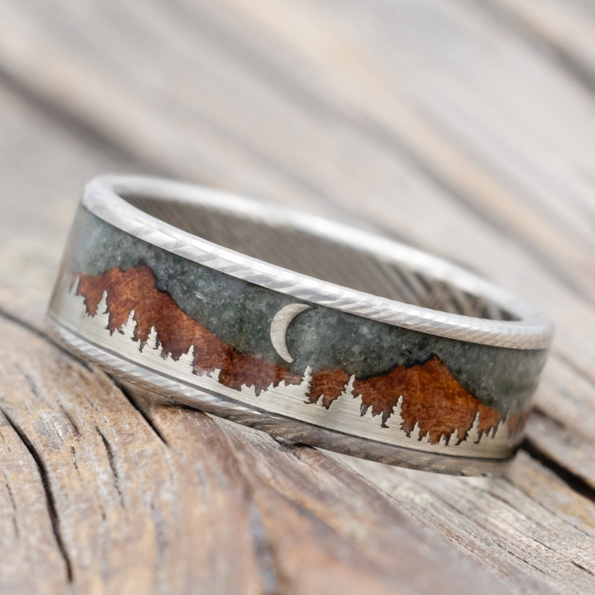 "Orion" - Moss Agate & Redwood Mountain Range Wedding Band With 14K Gold Tree & Crescent Moon Accents-Staghead Designs