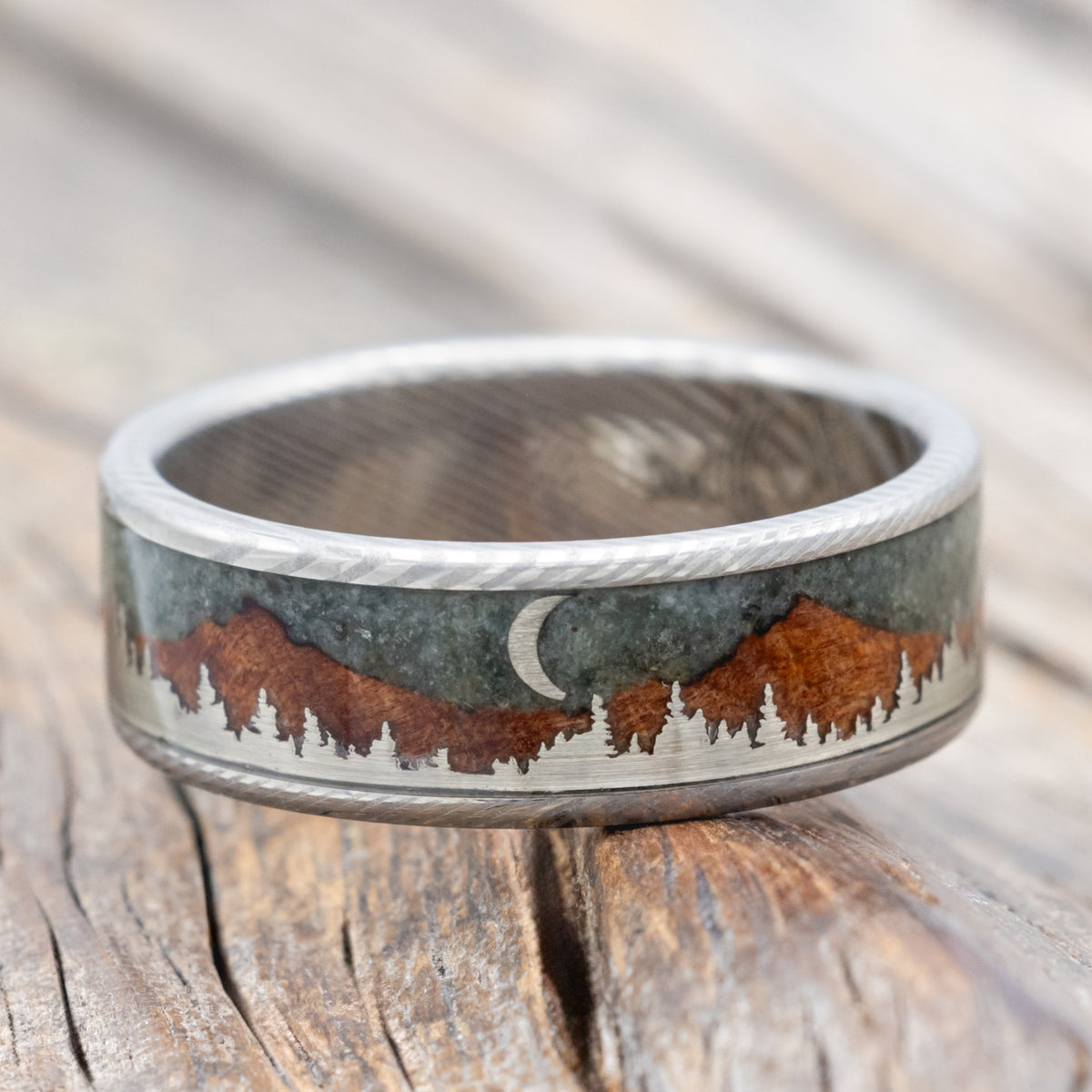 "Orion" - Moss Agate & Redwood Mountain Range Wedding Band With 14K Gold Tree & Crescent Moon Accents-Staghead Designs
